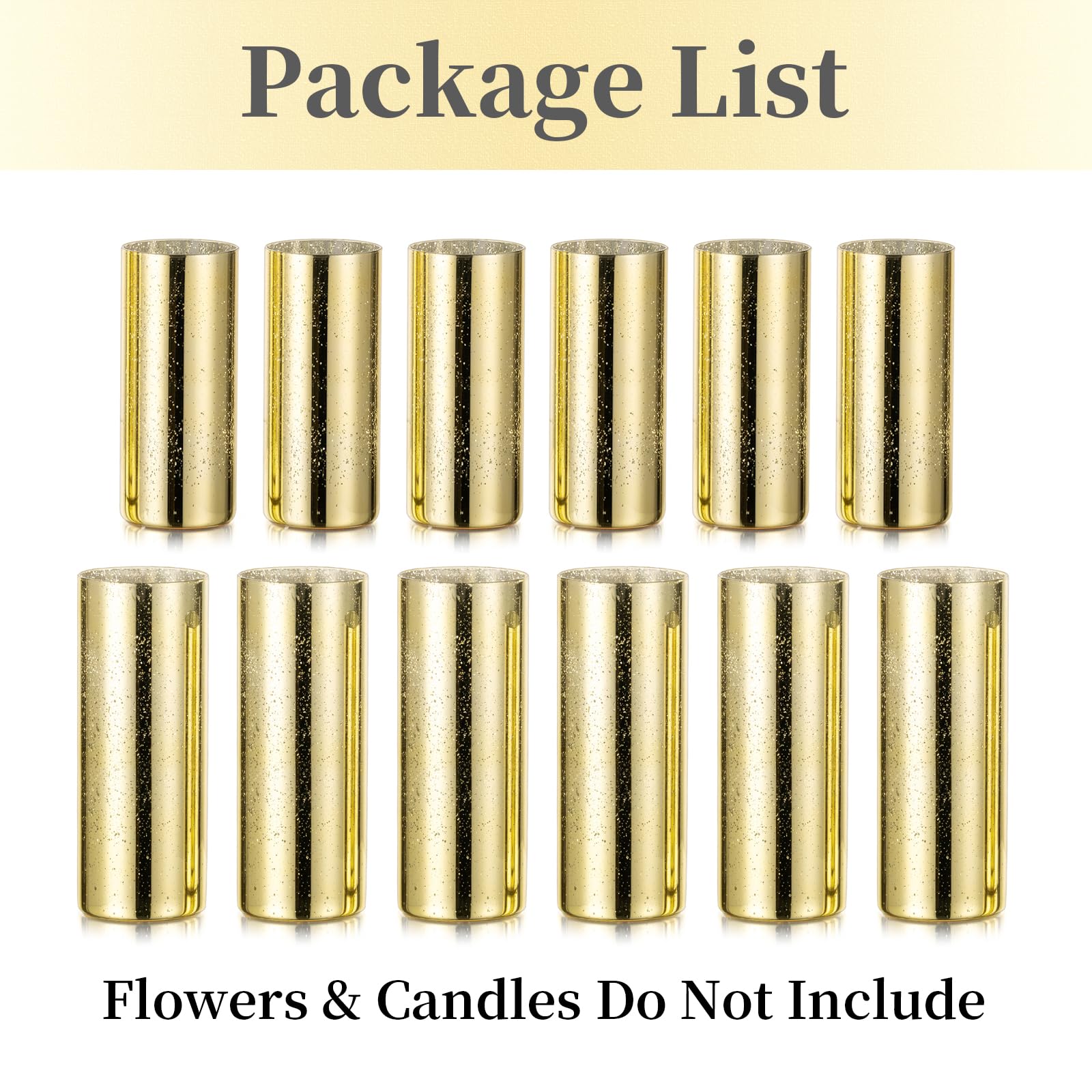 Hewory Glass Hurricane Candle Holders - 12 Pack Gold Mercury Glass Cylinder Vases for Pillar Candles, Perfect for Christmas, Wedding, Party & Holiday Table Centerpiece Decor - Elegant Home and Event Lighting Solution