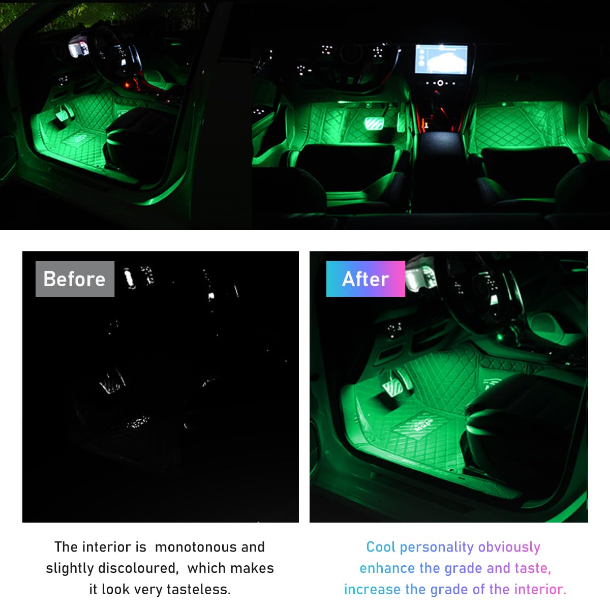 RGB LED Car Interior Strip Lights - 48 LED Auto Atmosphere Lighting Kit with Cigarette Lighter Power, Under Dash Ambient Night Light for Cars, Trucks & SUVs (Green) - Perfect for Interior Decoration, Mood Lighting & Night Driving