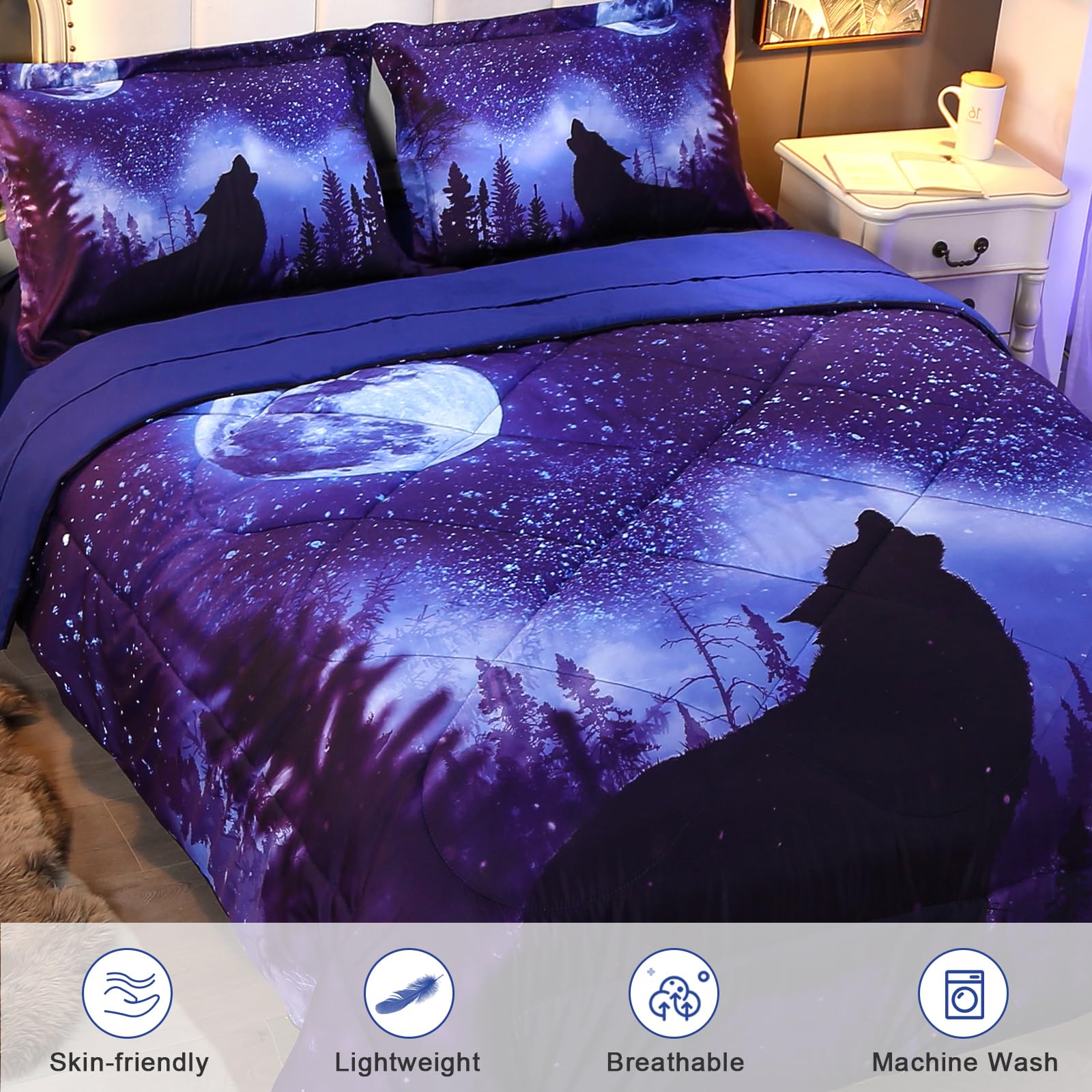 Wolf Comforter Set Queen 5-Piece Blue Bedding for Kids | Boys & Girls Bedroom Decor