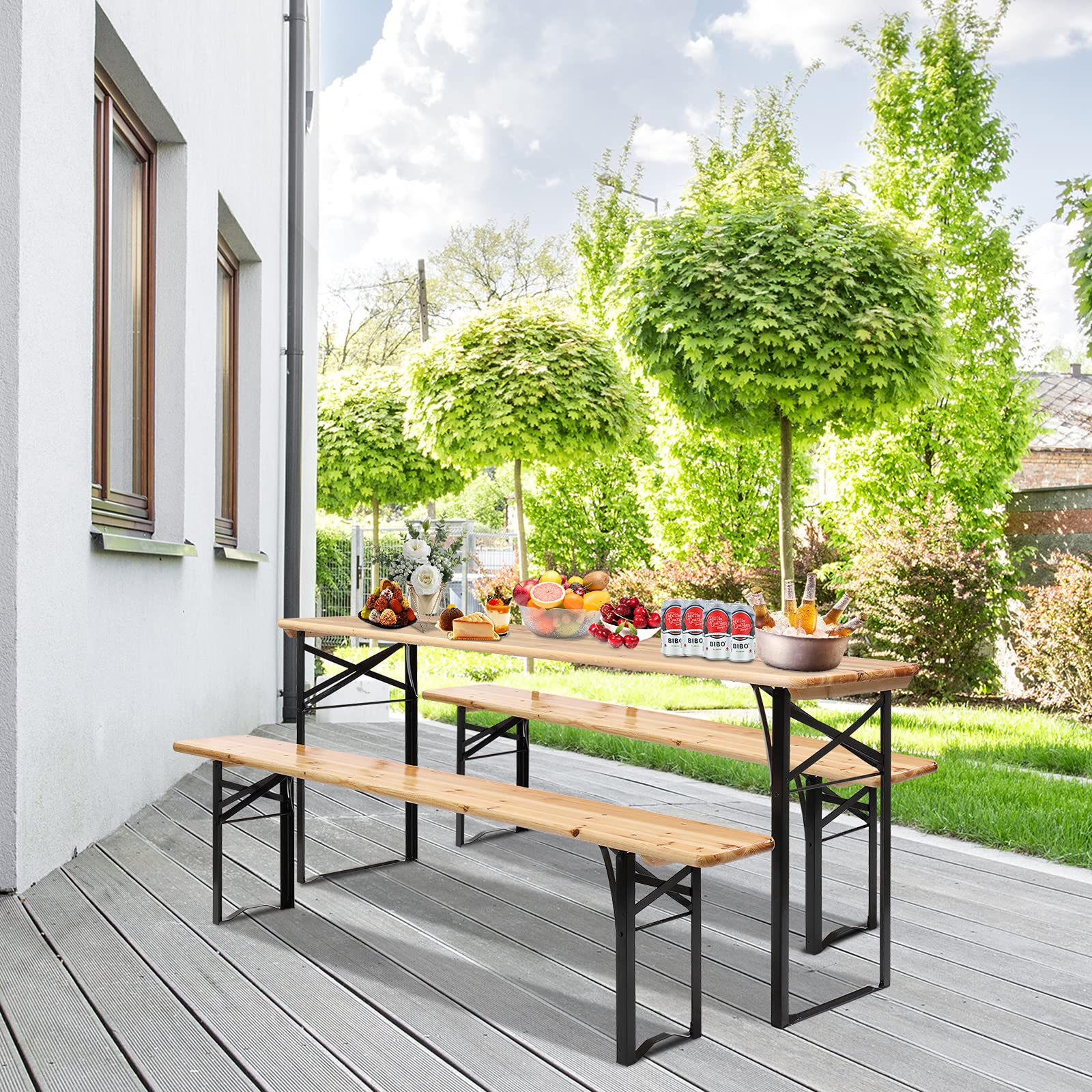 Premium 5.8FT Wooden Folding Picnic Table Set with 2 Benches - Outdoor Camping, Patio, Backyard, Beach Furniture for Parties, BBQs & Family Gatherings - Durable Portable 3-Piece Dining Set (1 Table + 2 Long Benches)