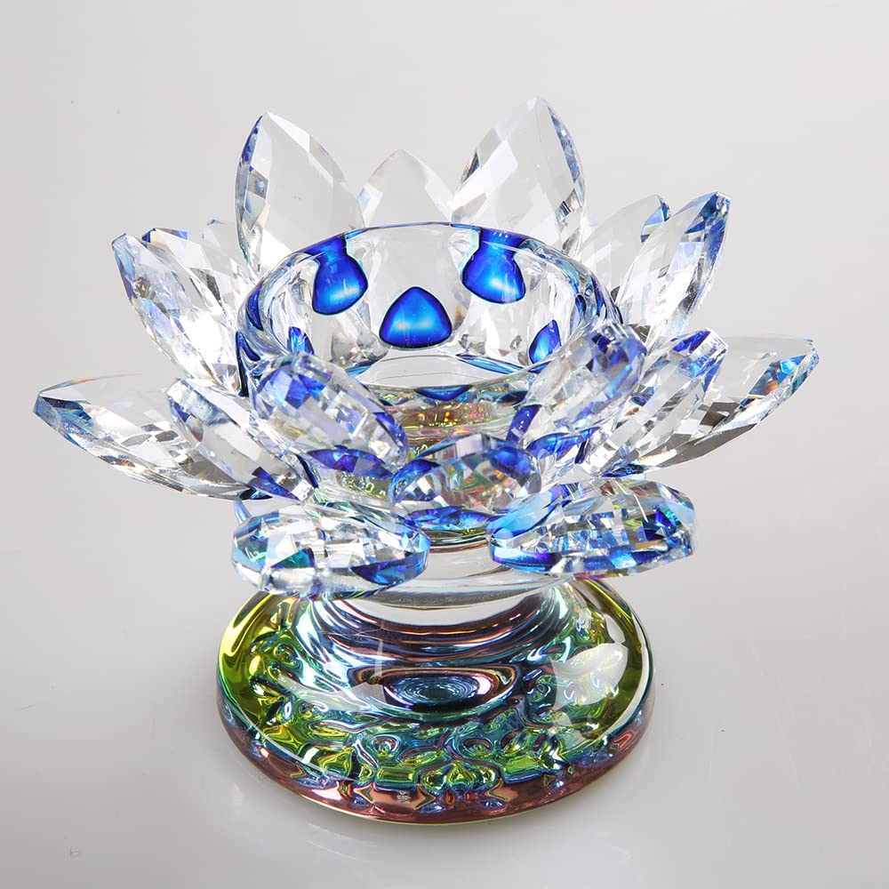 4.5 Inch Blue Crystal Lotus Tea Light Candle Holder - Elegant Glass Night Light for Window Sill, Home Decor, Wedding & Christmas Party - Perfect for Meditation, Romantic Dinners and Holiday Centerpieces