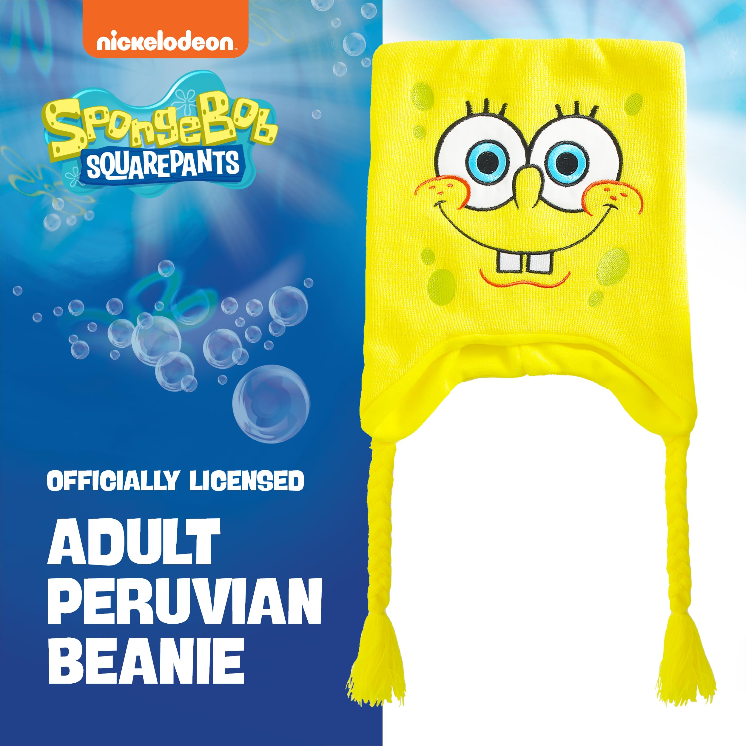 Spongebob Squarepants Beanie Hat - Peruvian Winter Knit Cap with Braided Tassels - Warm Cartoon Character Beanie for Kids & Adults - Perfect for Winter Sports, Cosplay, and Gift Giving