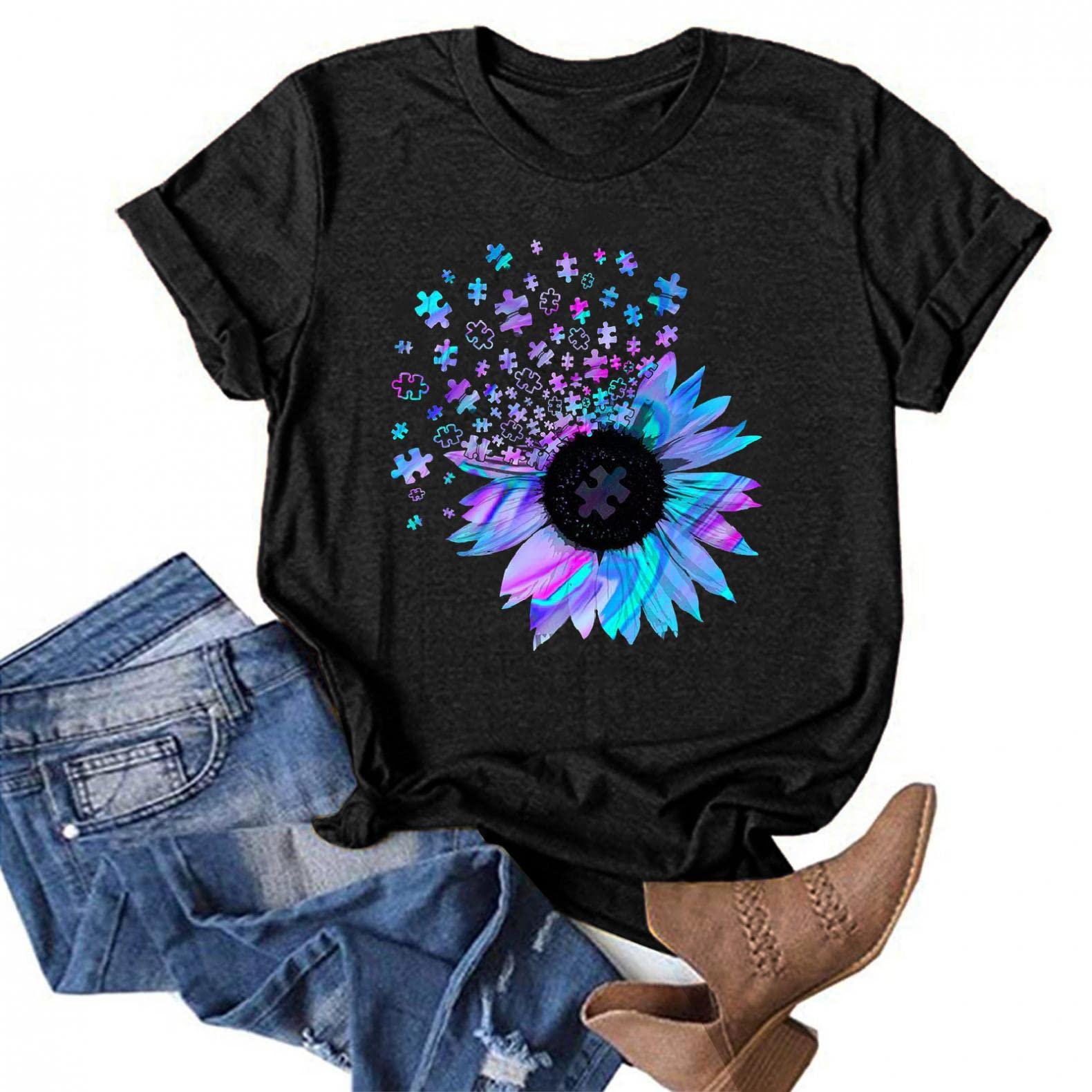 Vintage V-Neck T-Shirt for Women - Loose Summer Tunic Top for Casual Wear