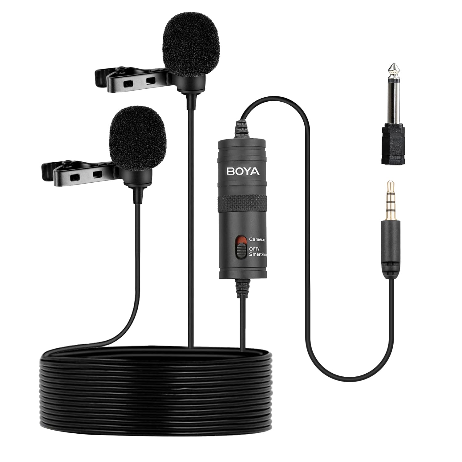 BOYA BY-M1DM Dual Head Lavalier Microphone - 13ft Omnidirectional Clip-on Mic for iPhone, Android, DSLR - Perfect for YouTube Vlogging, Interviews & Podcasting - Ideal for Content Creators, Journalists & Live Streamers