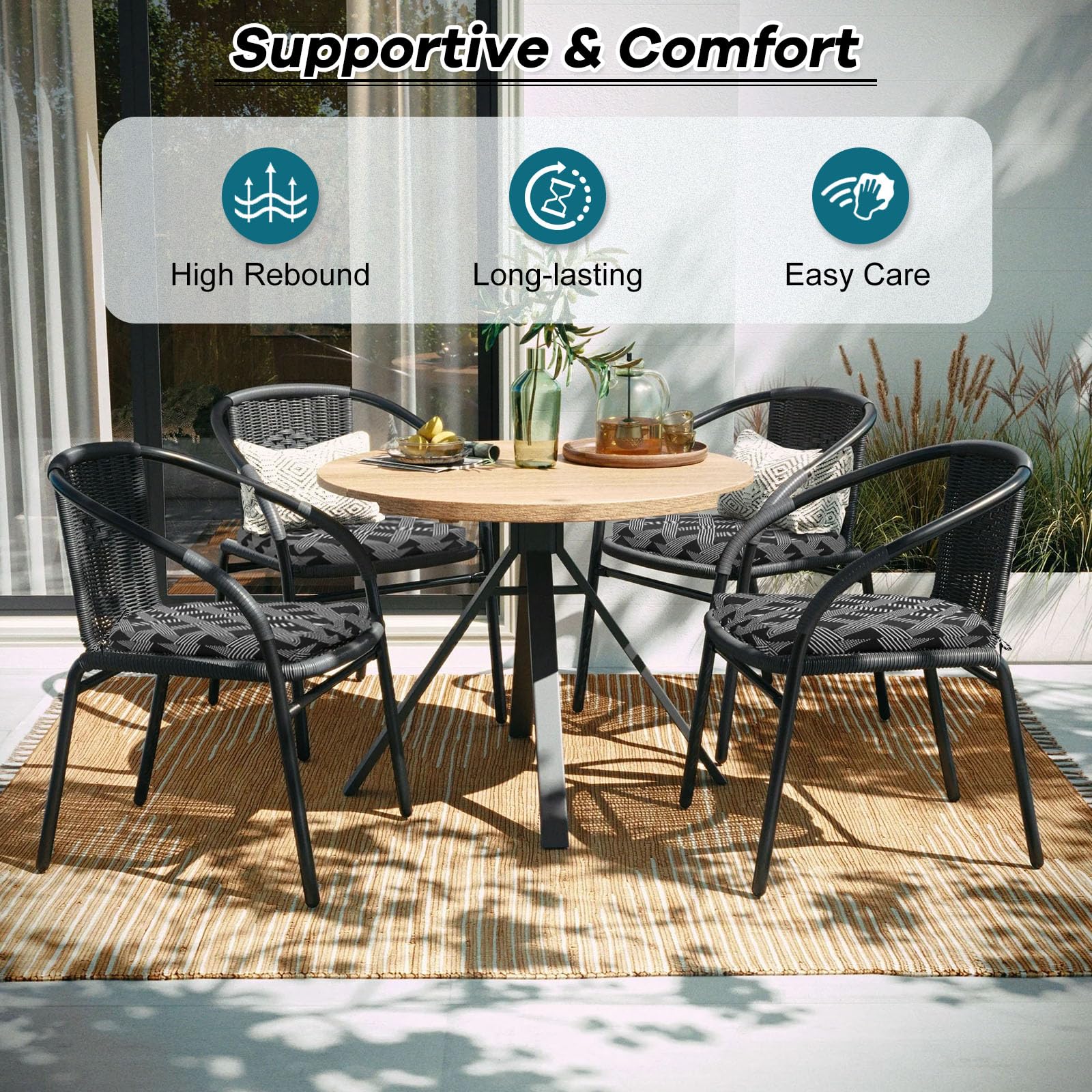 Premium Outdoor Chair Cushions Set of 4 - Water Resistant Patio Furniture Cushions with Secure Ties (17x16x2 Inch) - Black Geometric Pattern - Perfect for Garden, Deck, Poolside & Patio Relaxation