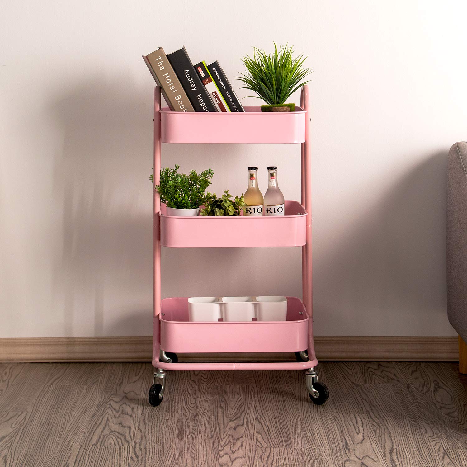 Walnest 3-Tier Rolling Cart with Wheels & Handle - Multifunctional Storage Organizer for Craft Supplies, Kitchen, Bathroom, Bedroom & Office - Space Saving Mobile Utility Cart in Pink | Perfect for Home Organization, DIY Projects & Small Space Living