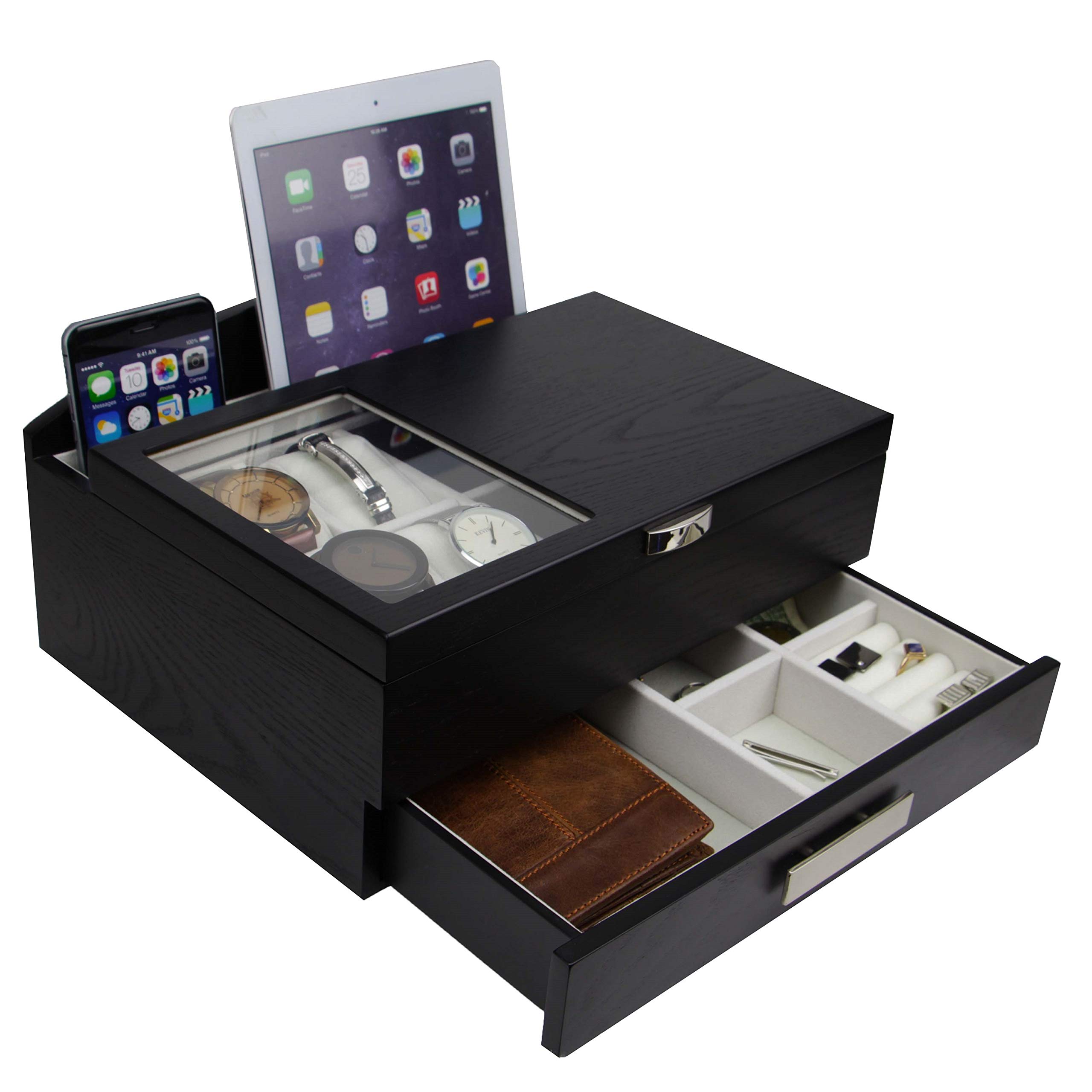 Premium Wooden Valet Storage Box Organizer for Men - Executive Style Jewelry & Watch Organizer with Drawers (Black) - Perfect for Dresser Top, Nightstand, or Closet Organization