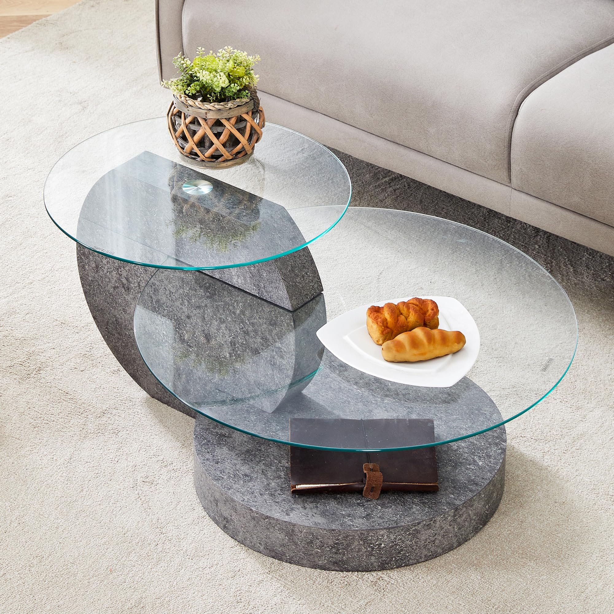 Modern 3-Tier Round Glass Coffee Table - 35.4 Inch Grey Circle Living Room Table for Small Spaces | Home Office & Lounge Centerpiece