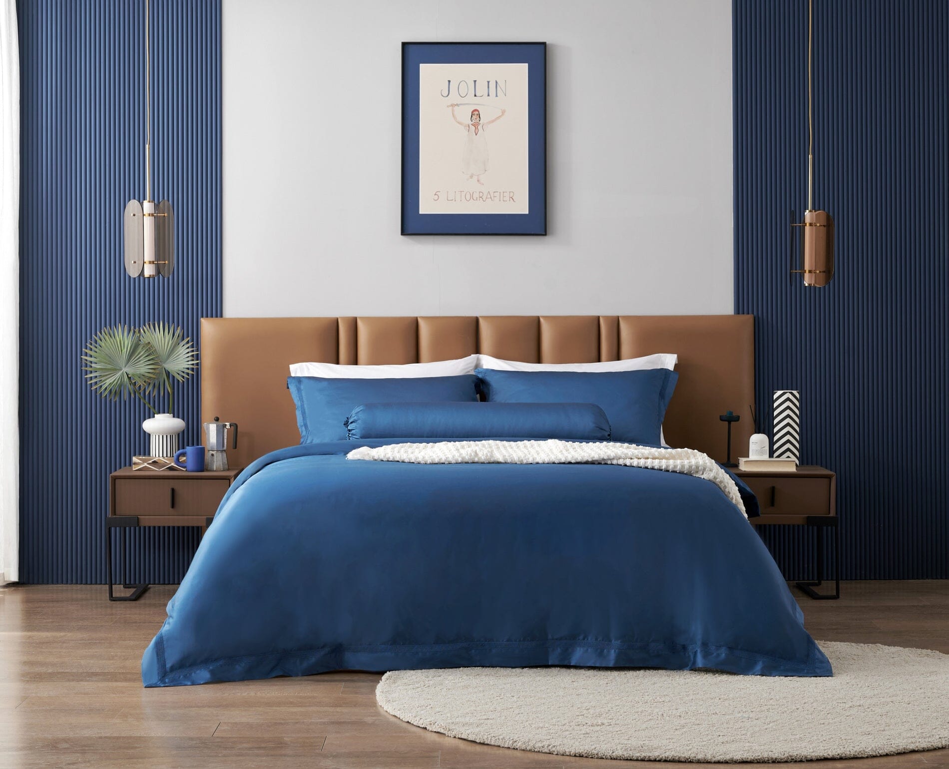 Luxury Hotelier Prestigio™ Cerulean Blue Lace Trim Bedding Set - Queen Size Comforter, Sheets & Pillowcases - Elegant Hotel-Style Bedroom Decor for Master Suite