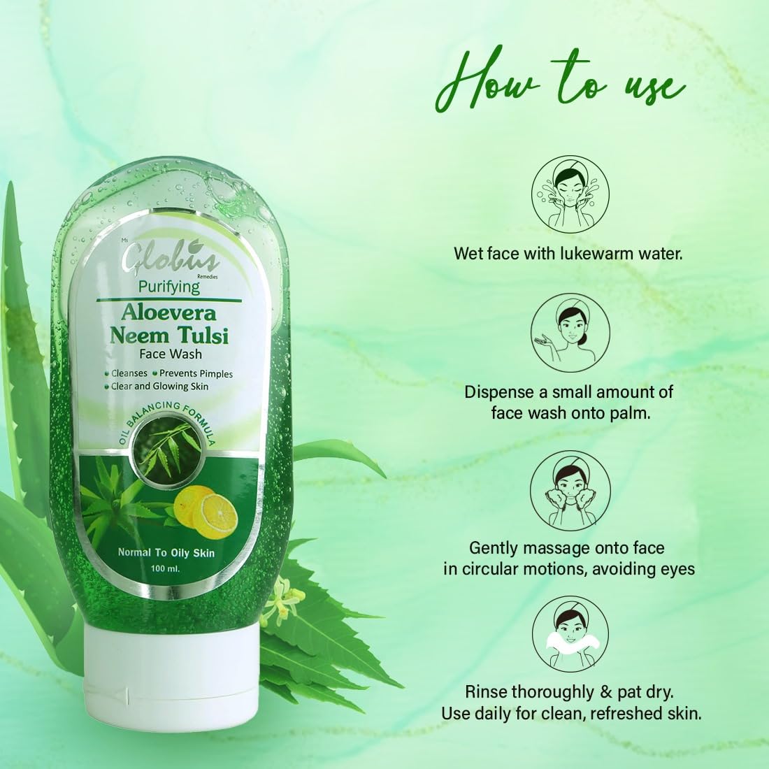 Globus Aloe Vera Neem Tulsi Face Wash - 100ml | Natural Herbal Cleanser for Acne & Oily Skin | Daily Skincare Routine