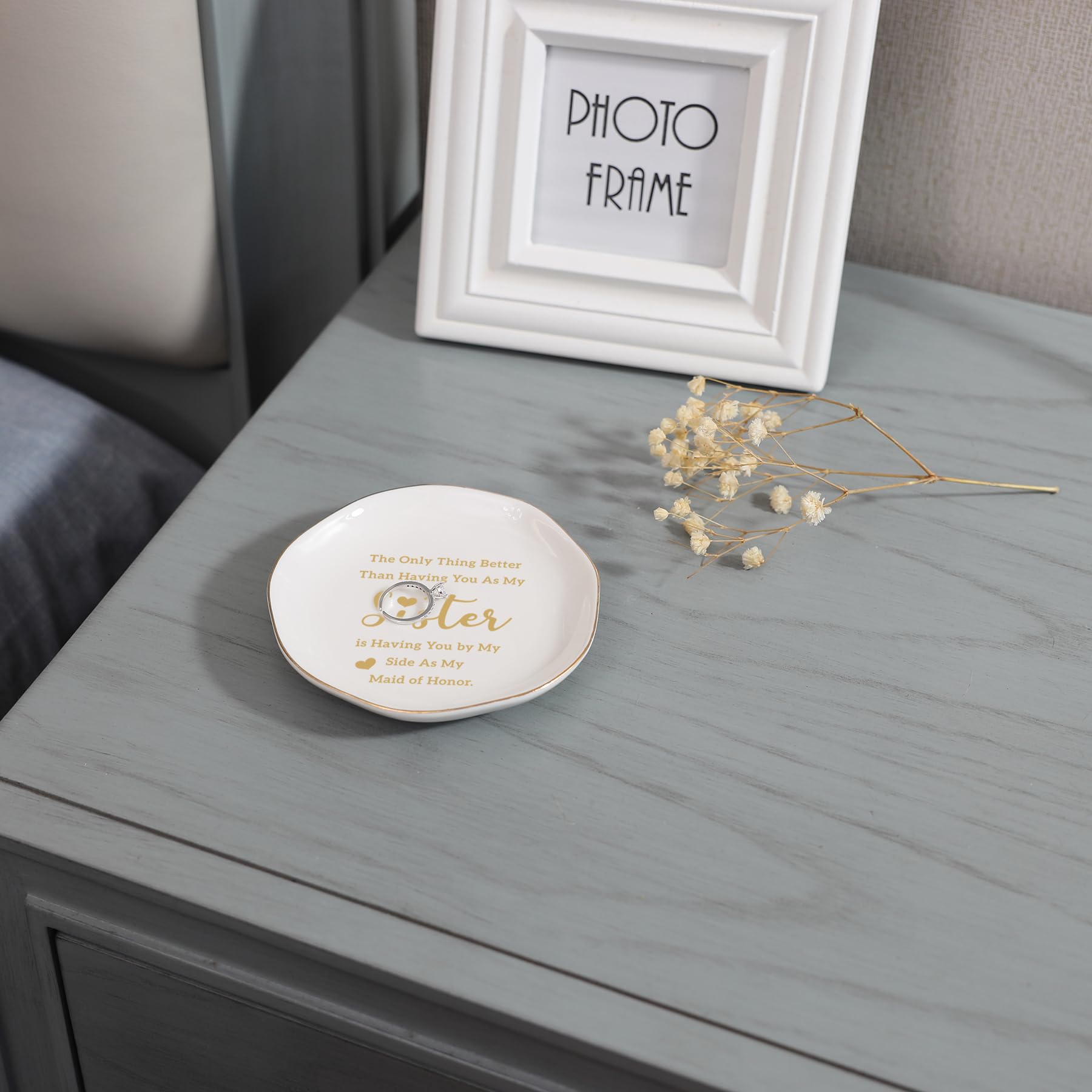 Elegant White Ceramic Ring Dish - Perfect Maid of Honor Gift from Bride | Thoughtful Wedding Keepsake for Sister & Best Friend | Ideal for Jewelry Storage, Bridal Shower Gift & Wedding Day Accessory