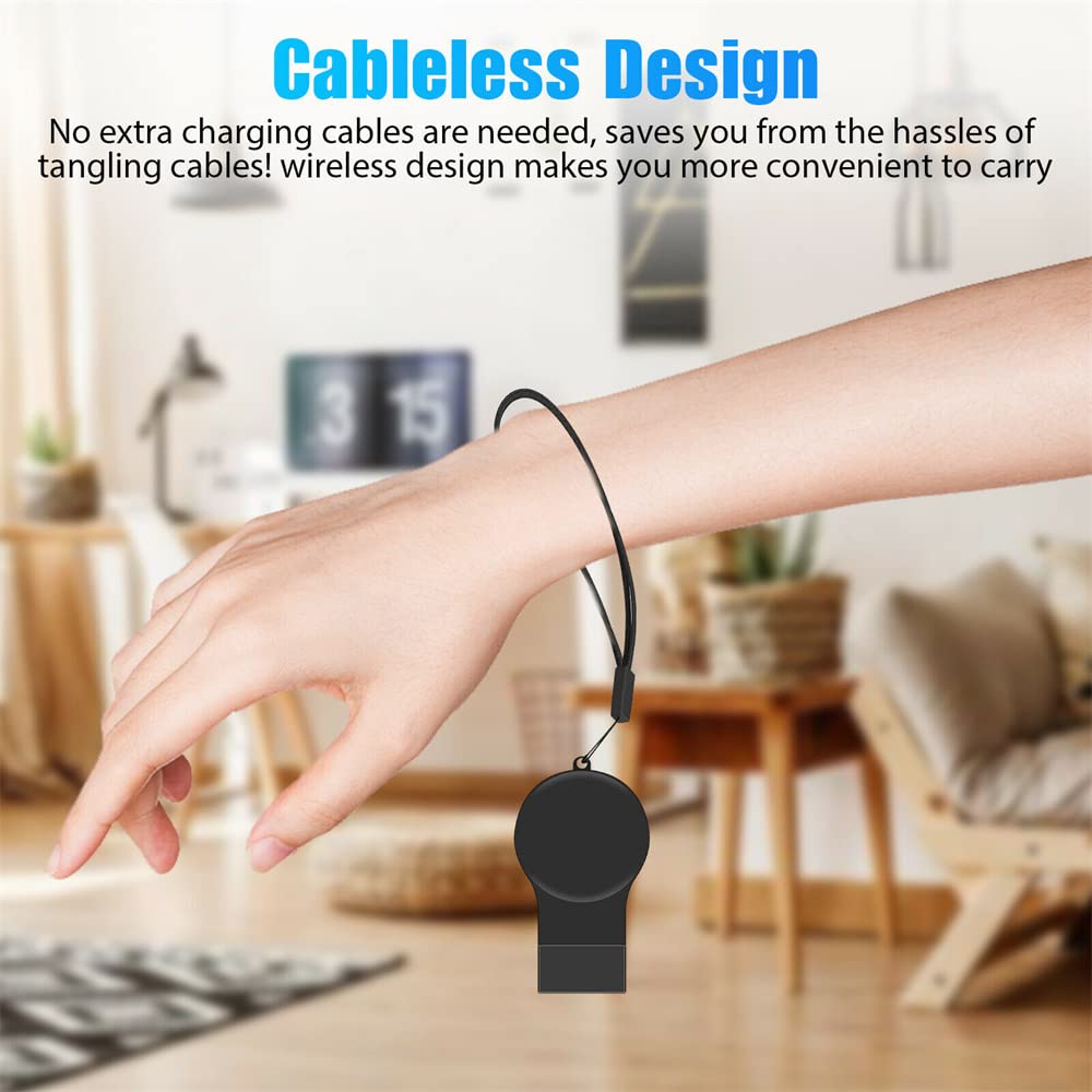 Portable Samsung Galaxy Watch 7 6 5 Wireless Charger - USB Travel Cordless Charging Keychain for Galaxy Watch 7 Ultra 6 Classic 5 Pro 4 Classic 3 & Active 2 - Fast Charging Accessories for Gym Office Home Travel (Black)