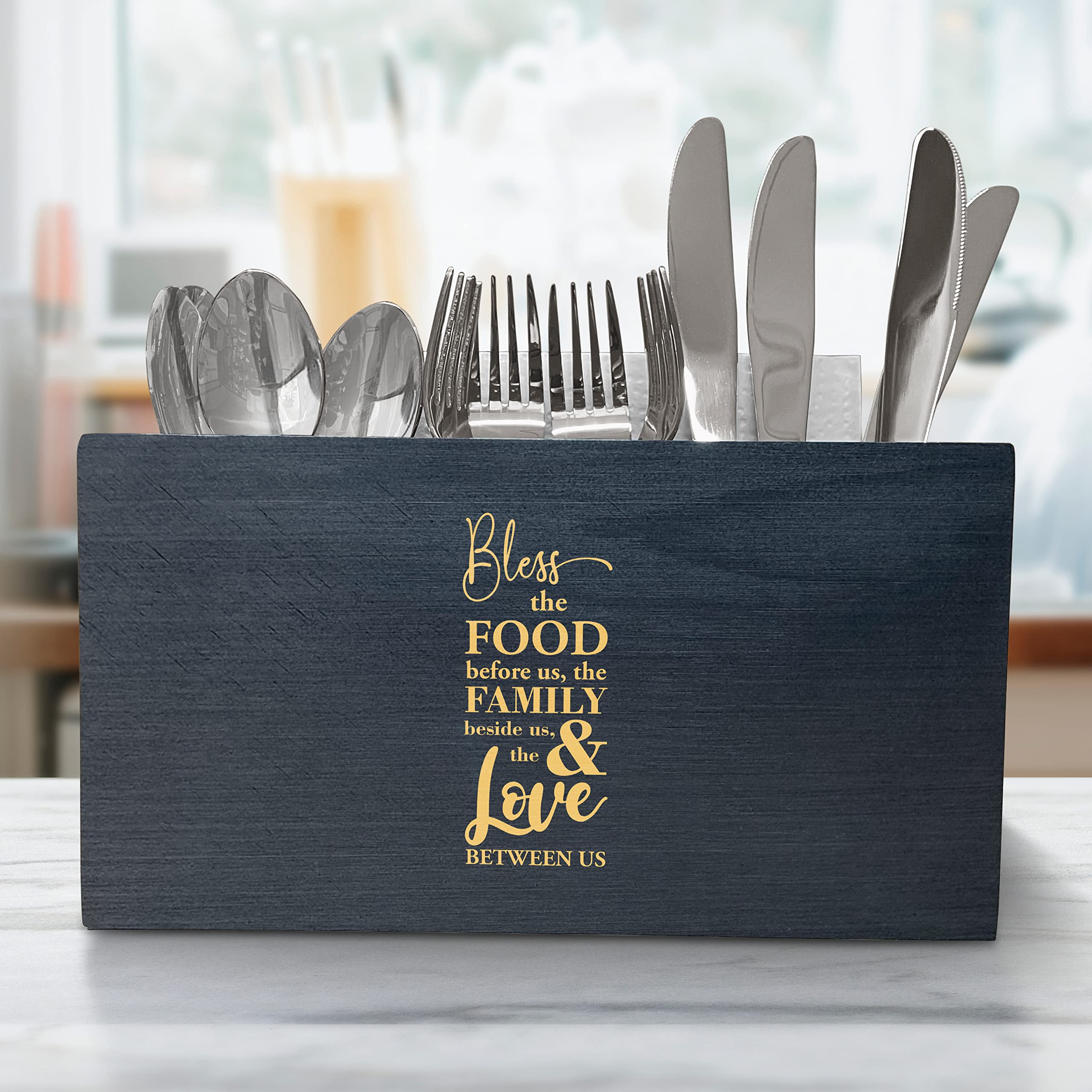 Elegant Engraved Wooden Utensil Organizer with Family Quote - Kitchen Countertop Storage for Spoons, Knives & Forks - Perfect for Dining Table and Kitchen Organization
