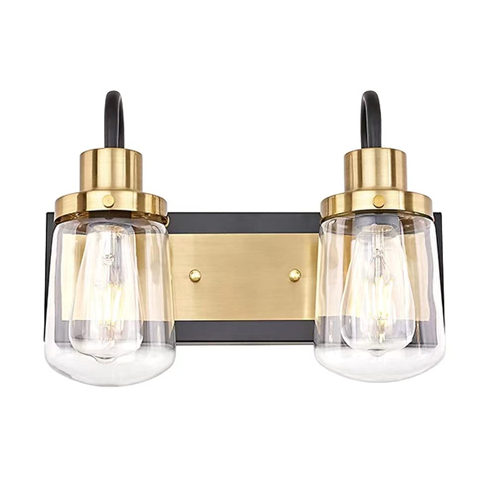 Modern Black Bathroom Vanity Light with Brass Accent - 2-Bulb Farmhouse Wall Sconce with Clear Glass Shades - Perfect for Bathroom, Powder Room, and Dressing Area Lighting