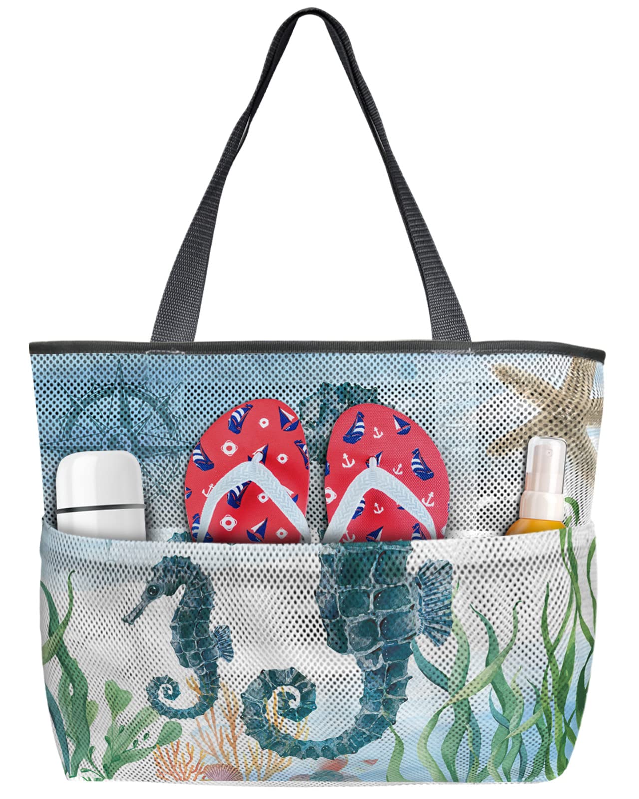 Vintage Mesh Beach Tote Bag for Women - Large Oversized Waterproof Pool Bag with 8 Pockets, Seahorse Compass Starfish Coral Design - Perfect for Beach Travel, Swimming, Vacation & Summer Outings