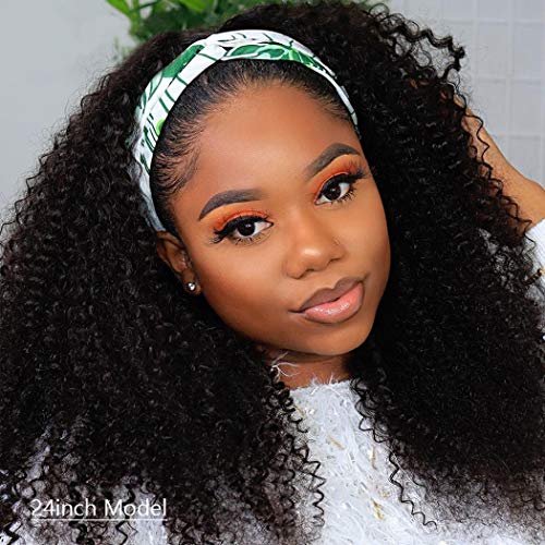 150% Density Kinky Curly Headband Wig for Black Women - No Lace Front Human Hair Wig with Scarf | Glueless & Gel-Free Remy Hair Machine Made | 18 Inch Natural Curly Wig for Daily Wear, Parties & Special Occasions