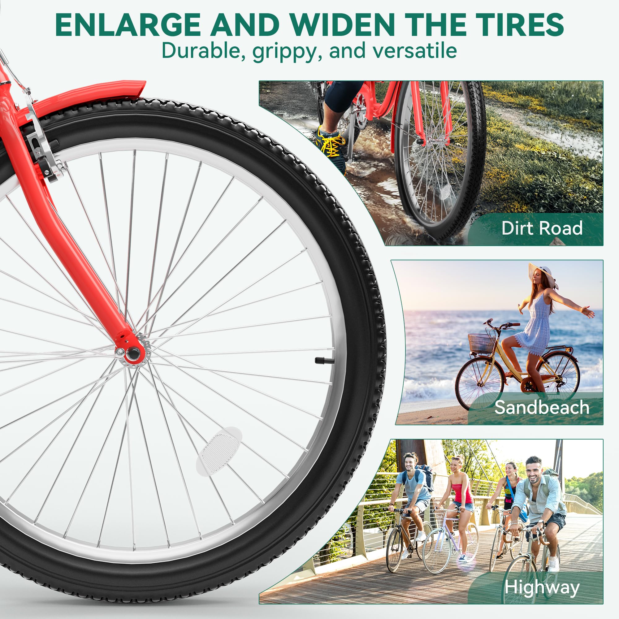 YITAHOME 24 & 26 Inch Beach Cruiser Bike for Adults - 7 Speed & Single Speed Commuter Bicycle with Step-Through Frame, Steel Construction & Full Fenders - Perfect for Beach Rides, City Commuting & Leisure Cycling