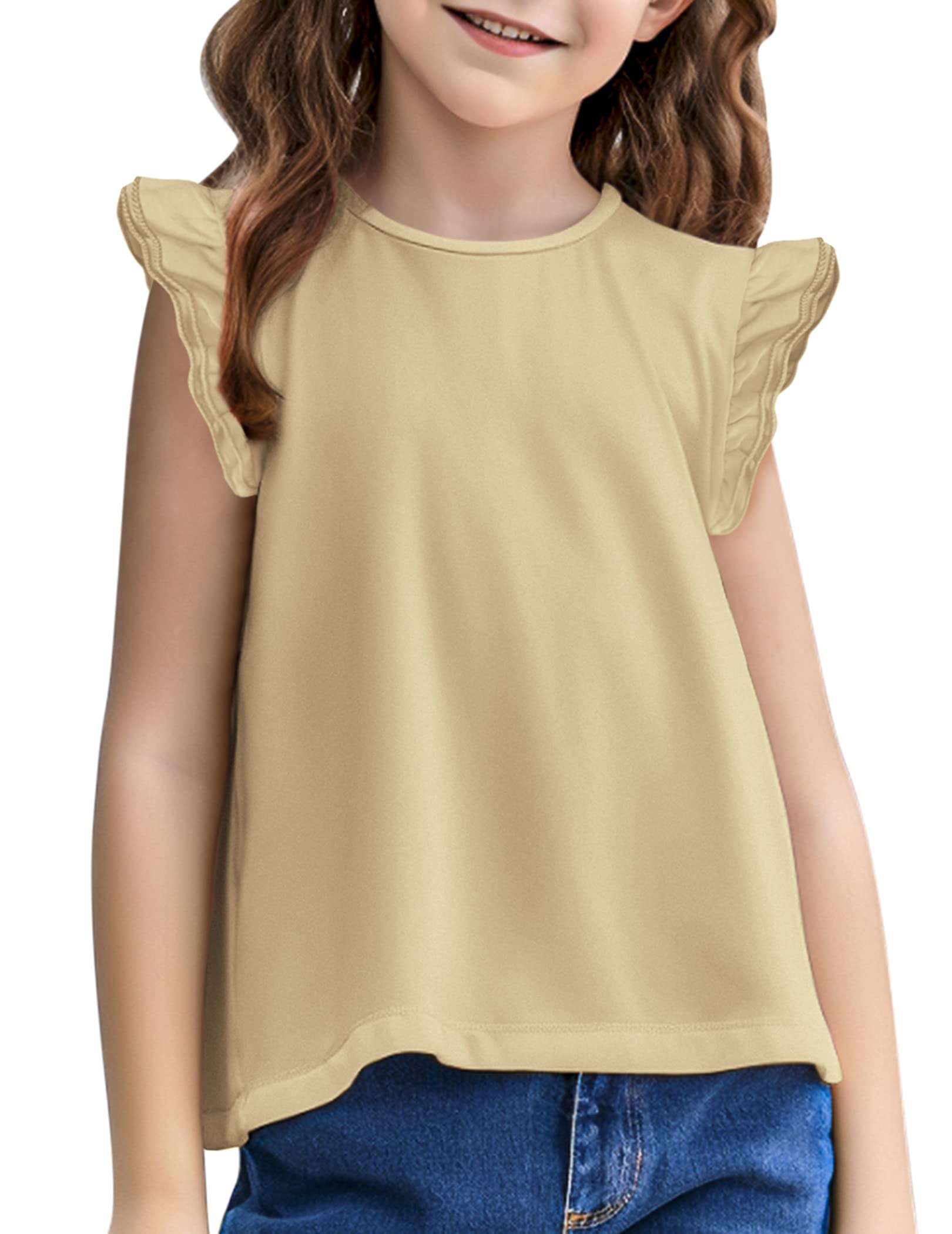 Arshiner Girls Basic Ruffle Sleeve Cute T-Shirt - Stretchy Tunic Tank Tops for School, Playdates & Everyday Wear | Soft Cotton Blouse for Kids