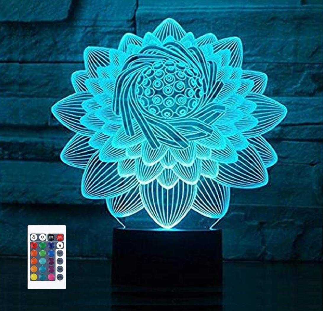 3D Lotus Flower Lamp with Remote Control - 7/16 Color Changing Night Light, Touch & Power Table Desk Lamp for Home Decor, Optical Illusion Light - Perfect Gift for Christmas, Birthday, Bedroom, Living Room, Nursery & Meditation Space