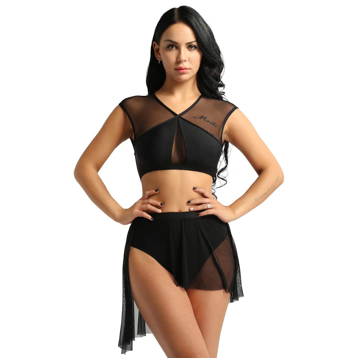 Moily Women's 2-Piece Sheer Mesh Asymmetric Dance Outfit - Contemporary Lyrical Dance Crop Top & Short Skirt Set for Ballet, Jazz, and Performance Costumes