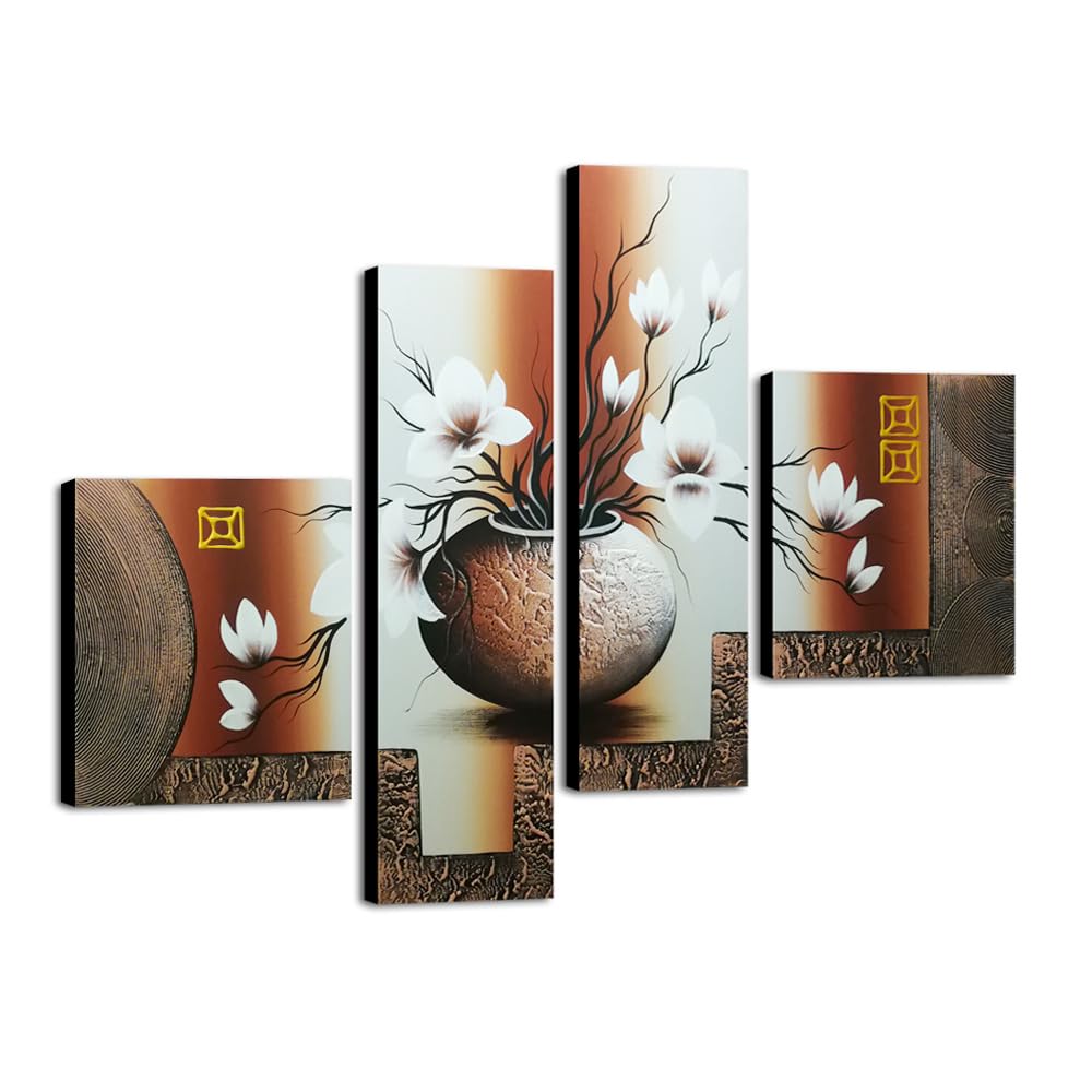 Wieco Art Large 4-Panel Hand-Painted Floral Canvas Wall Art - Modern Oil Painting for Living Room, Bedroom & Office Decor - Framed Stretched Elegant Flower Painting (XL Size)