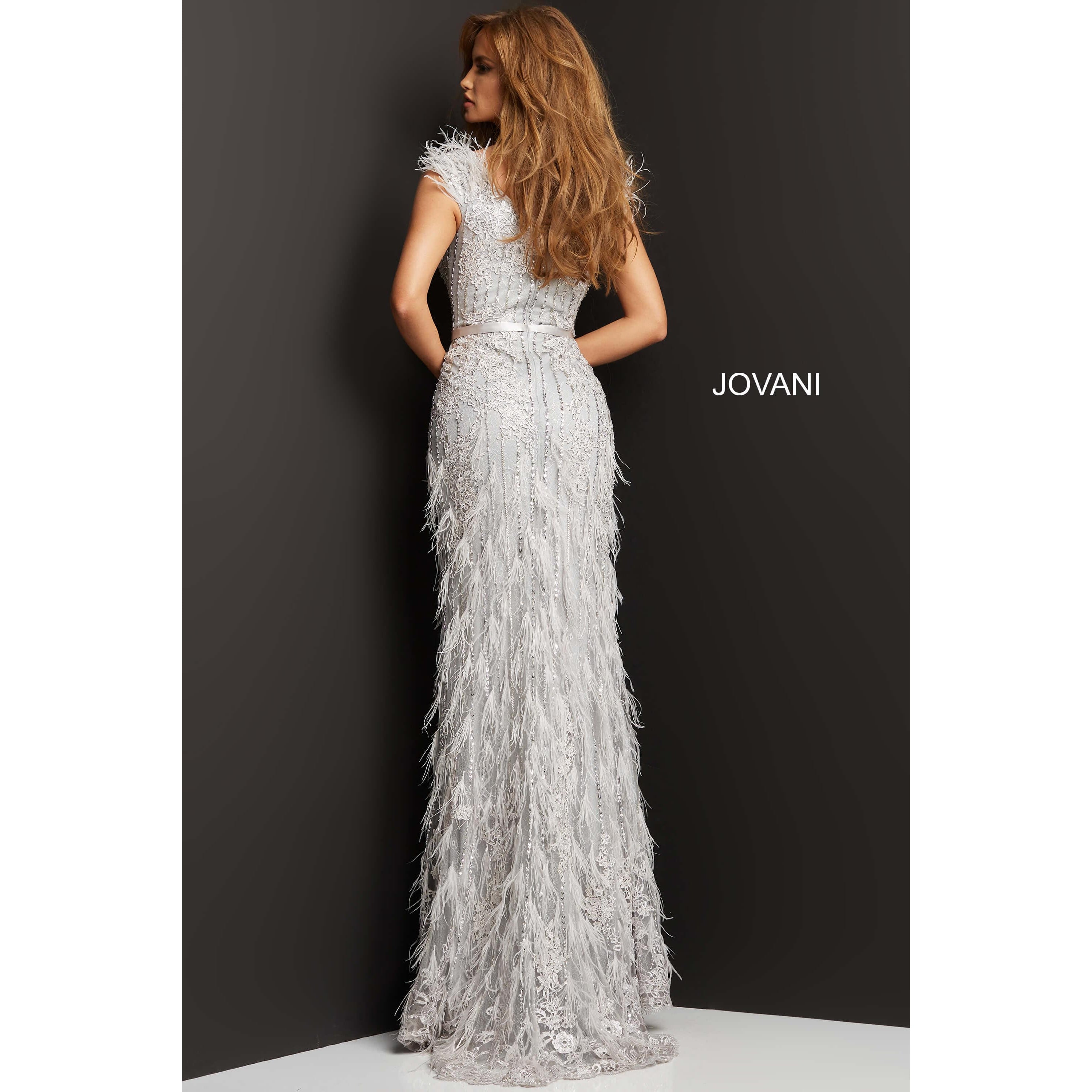 Jovani 03108 Silver Feather Embellished Evening Dress - Elegant Formal Gown for Prom, Wedding & Black Tie Events