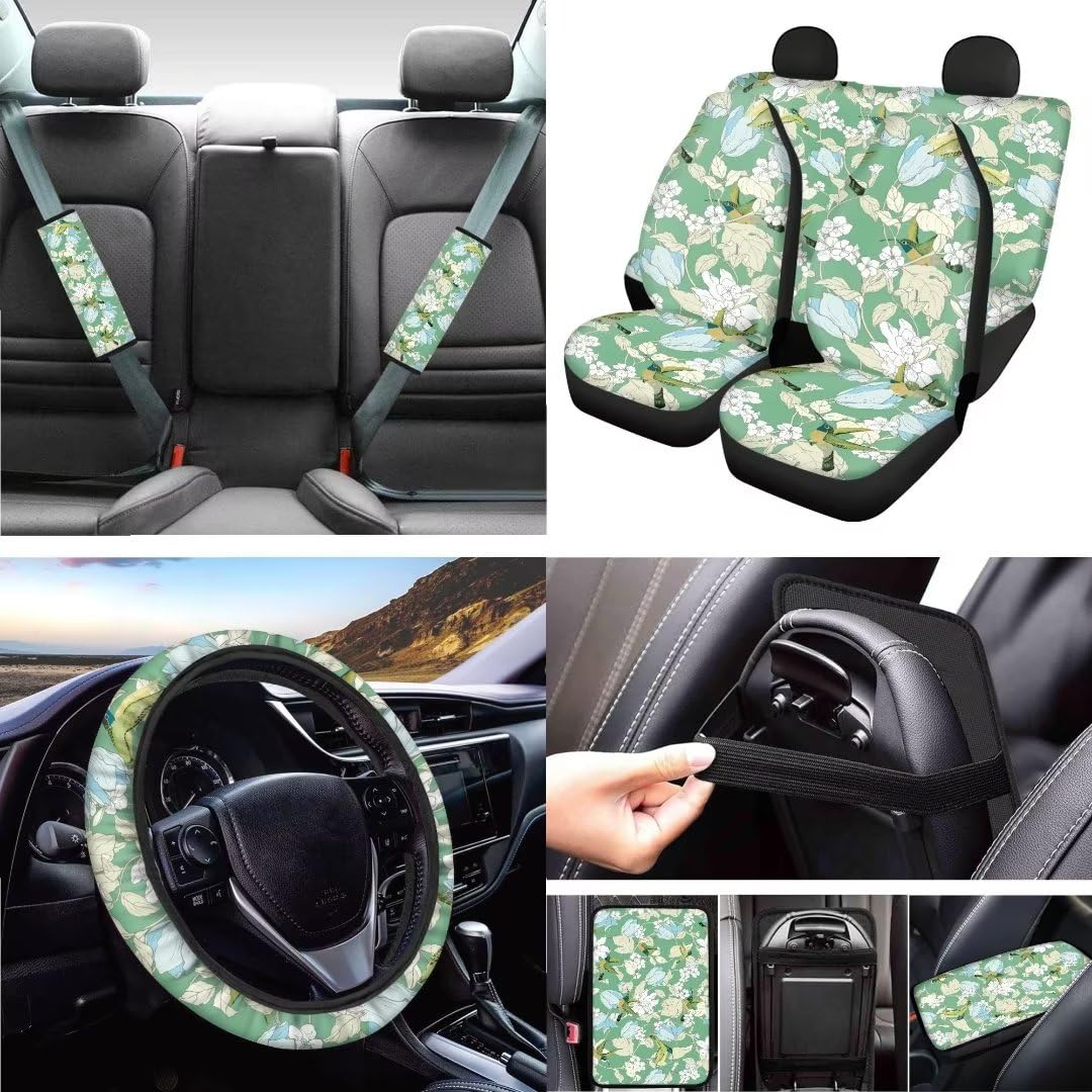 Premium Green Floral Bird Car Seat Covers Full Set - 4-Piece Car Mats, Steering Wheel Cover, Armrest & Seat Belt Protectors | Universal Fit for Sedans, SUVs & Trucks | Waterproof & Anti-Slip Interior Accessories for Comfort & Style