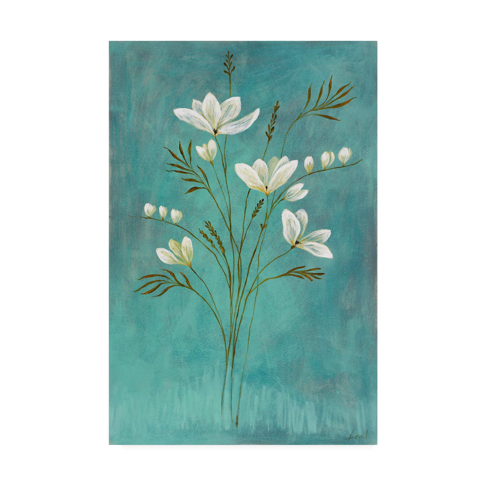 Pablo Esteban White Flowers Over Blue 1 - 16x24 Inch Floral Wall Art Canvas Print - Modern Home Decor for Living Room, Bedroom & Office
