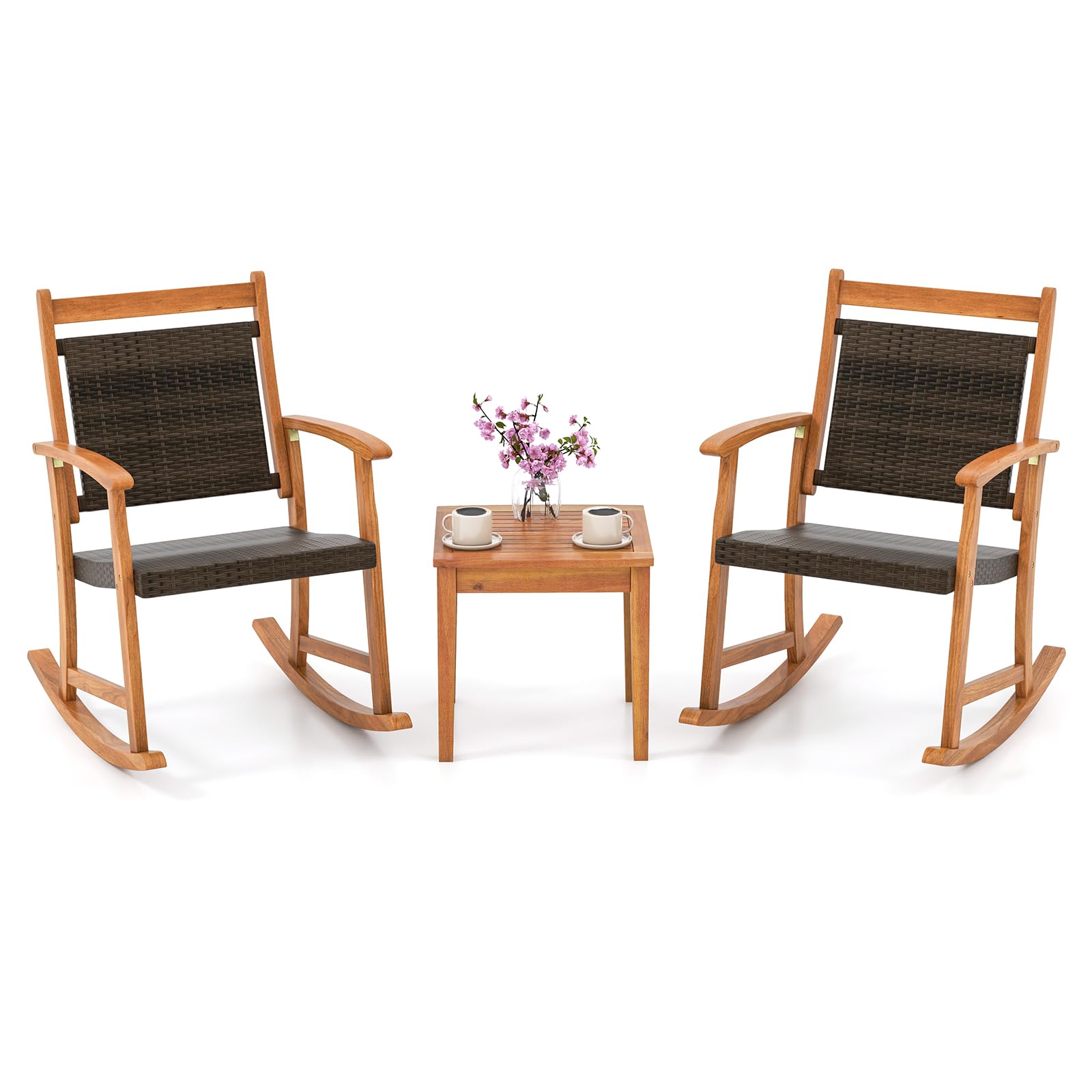 Tangkula 3-Piece Acacia Wood Patio Rocking Chair Set with Wicker Rattan Seat & Side Table - Outdoor Garden Furniture for Backyard, Poolside & Relaxation | Perfect for Lounging, Entertaining & Enjoying Summer Evenings