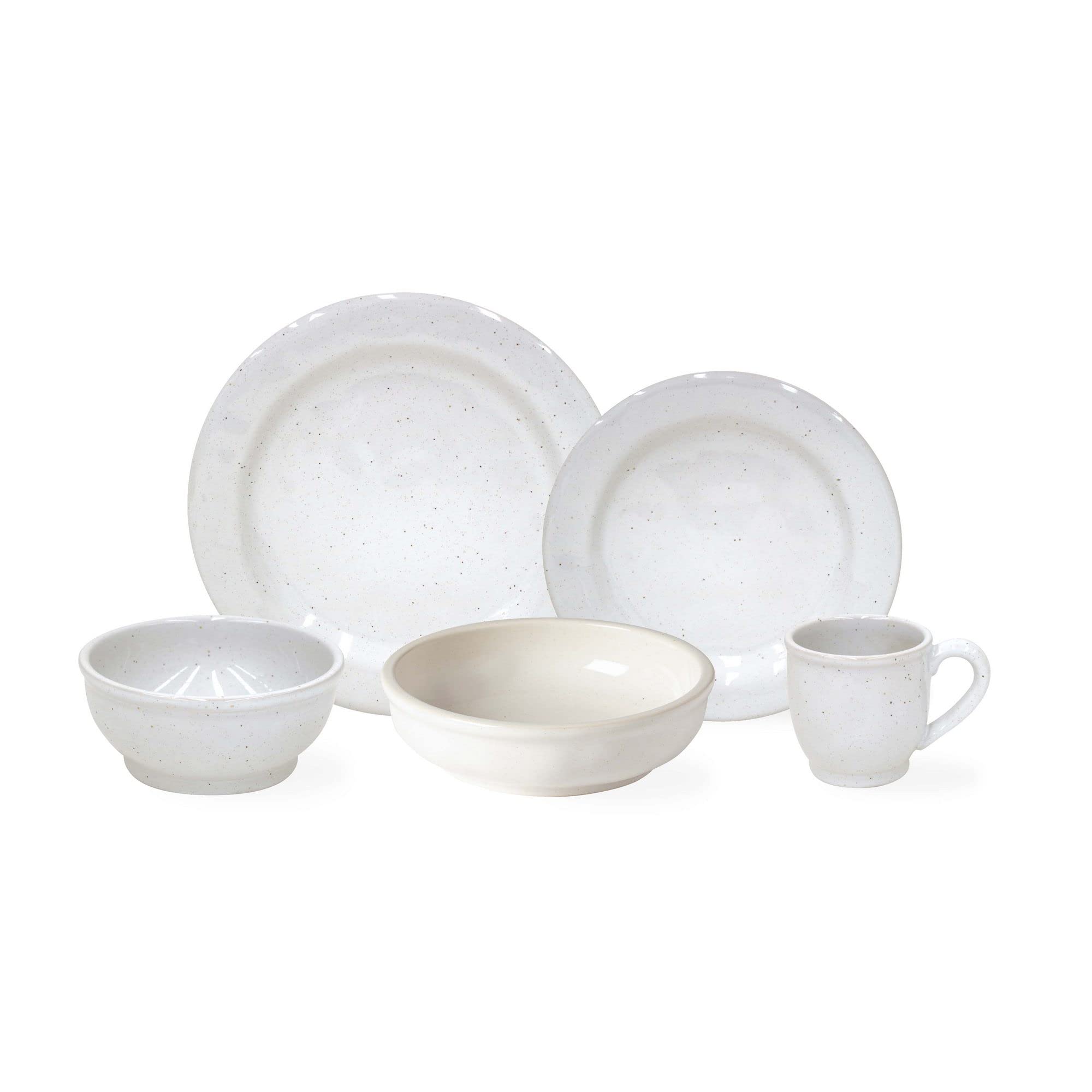 Casafina Fattoria Collection 5-Piece Stoneware Dinnerware Set - White Porcelain Plates & Bowls for 1 Person | Elegant Table Setting for Everyday Meals & Dinner Parties