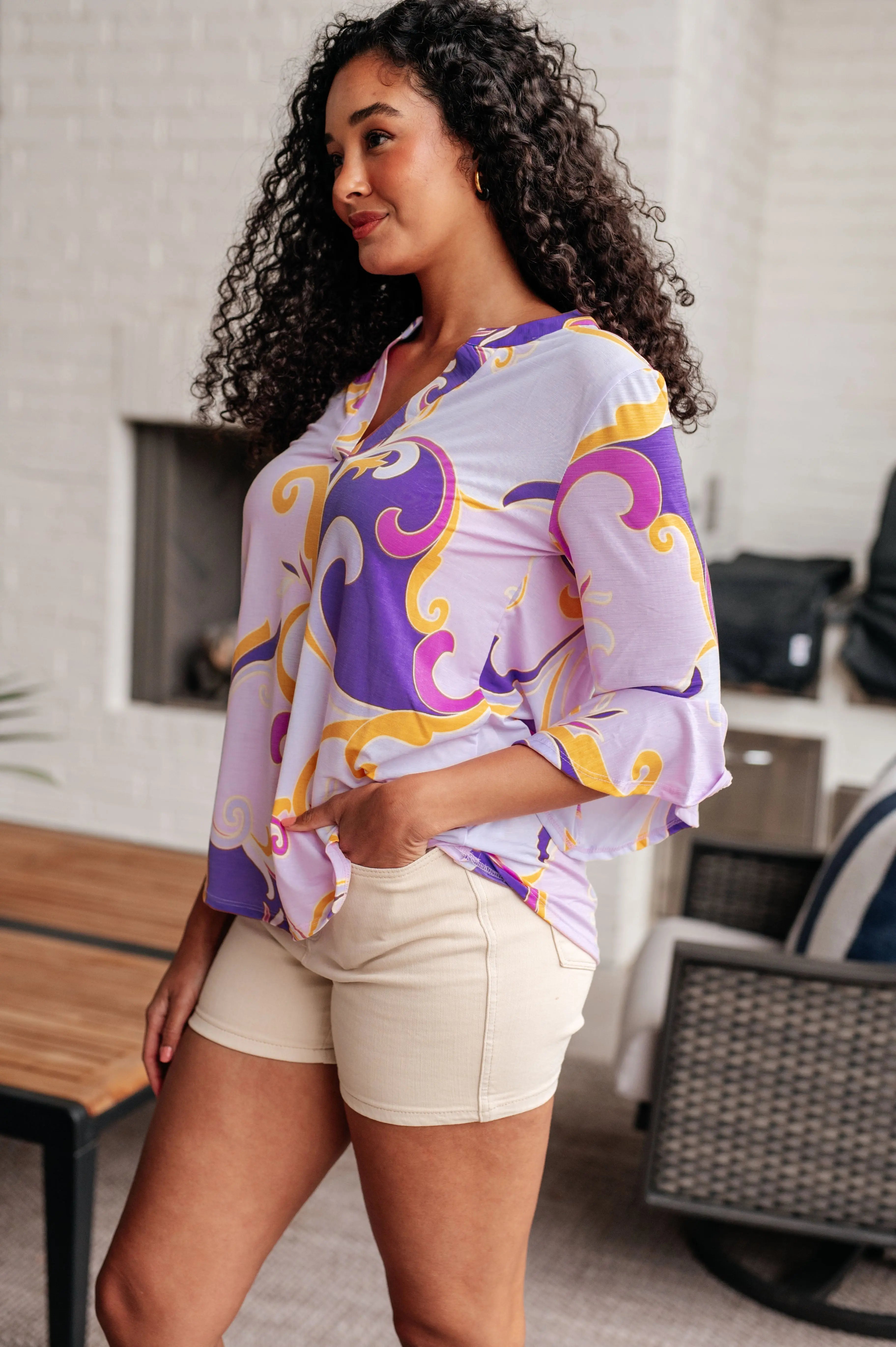 Lizzy Bell Sleeve Top - Regal Lavender & Gold Floral Blouse for Women | Perfect for Parties, Date Nights & Special Occasions