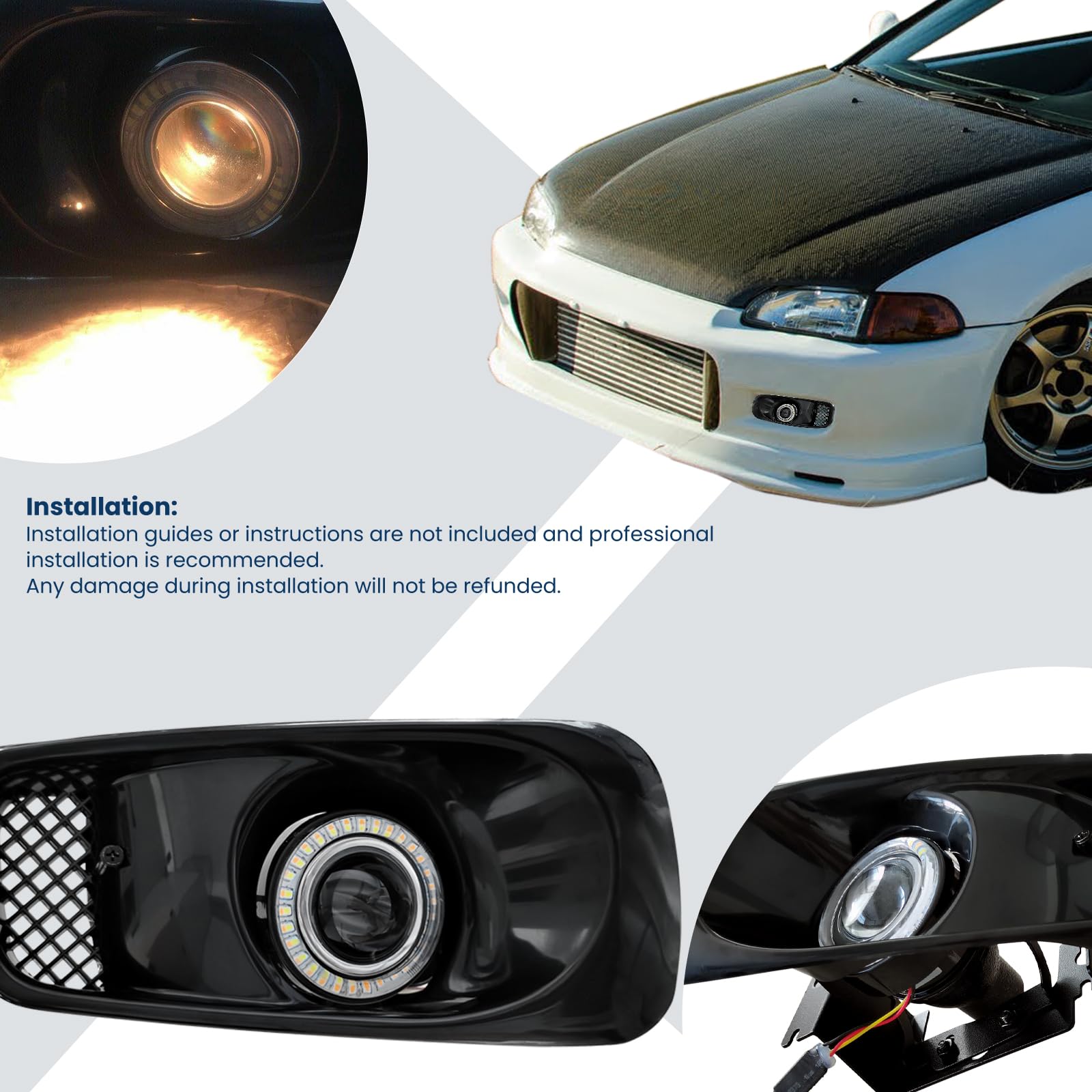 1999-2000 Honda Civic LED Halo Projector Fog Lights - Clear Lens DRL Daytime Running Lights for Driver & Passenger Side | Weatherproof Driving Lights for Night Visibility & Off-Road Use