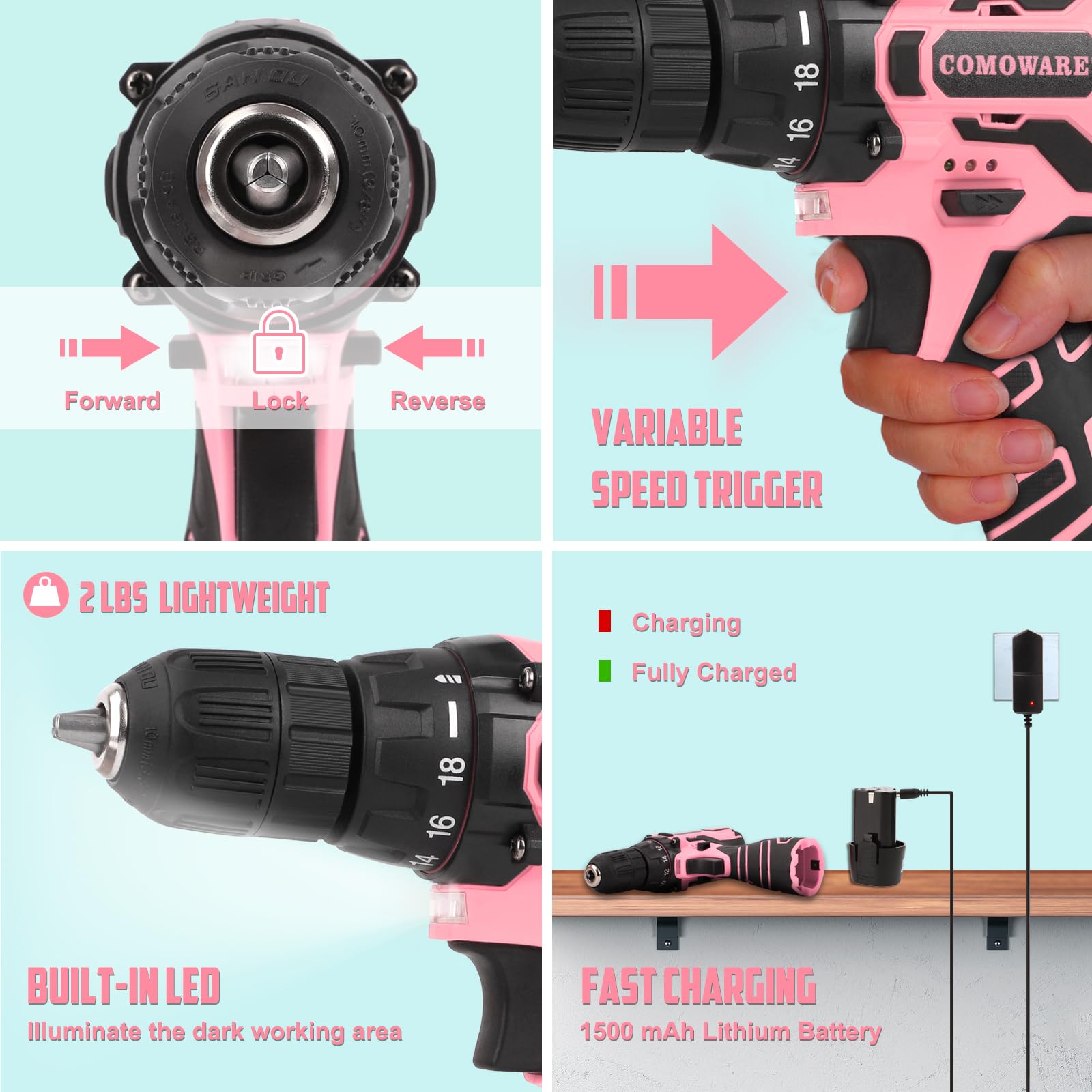 COMOWARE 195PCS Pink Home Tool Kit with 12V Cordless Power Drill - Household Repair Tool Set with Storage Case - Perfect for Women DIY Projects, Home Maintenance & Small Fixes