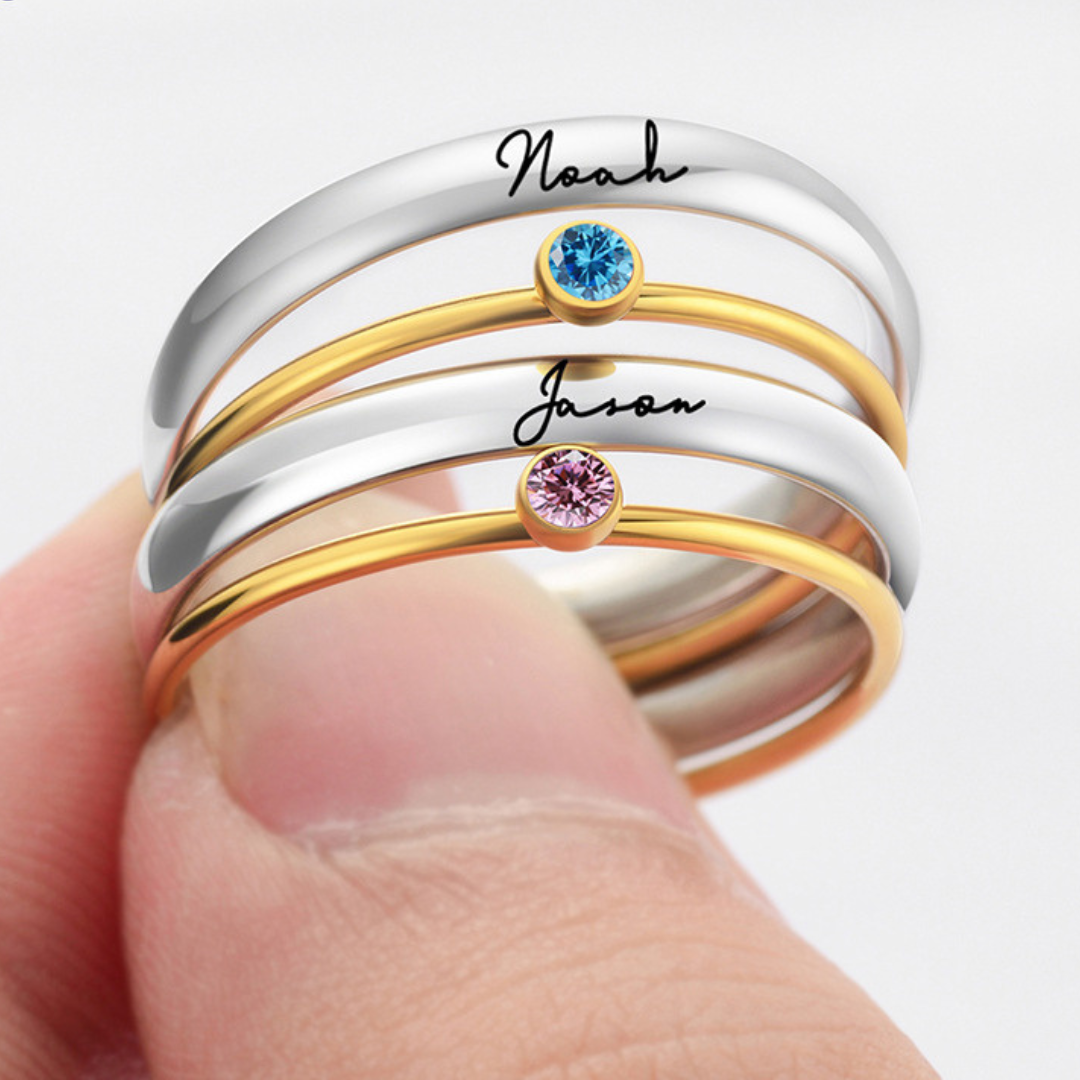Personalized Birthstone Stacking Rings for Women - Custom Engraved Name & Date, Sterling Silver Stackable Rings Set - Perfect Gift for Anniversary, Birthday, Mother's Day & Valentine's Day