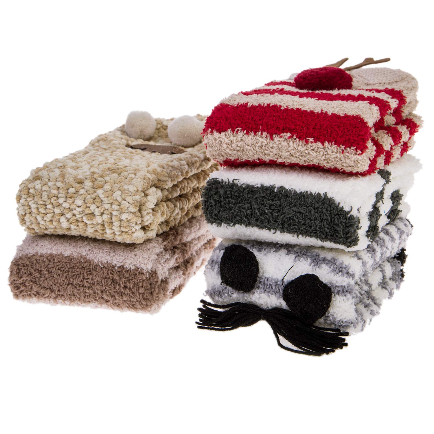 Cozy Cat Fuzzy Socks for Women - 5 Pairs Warm Winter Slippers for Christmas Gifts