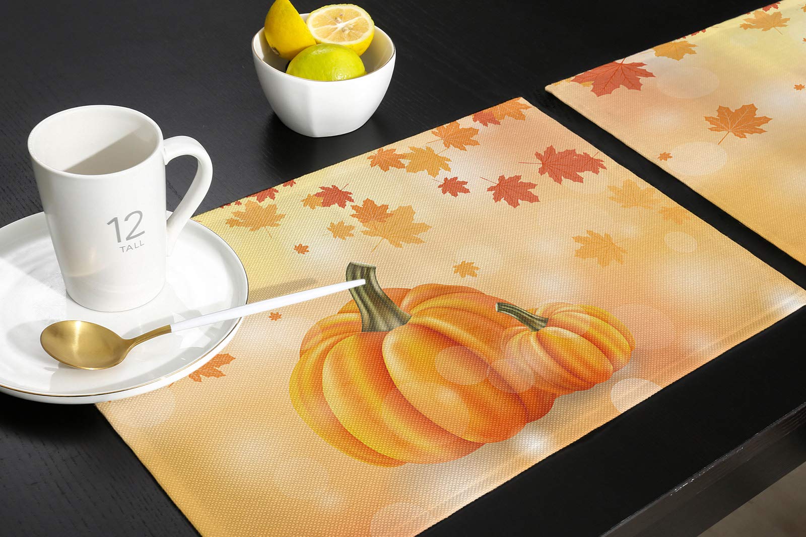 Thanksgiving Placemats Set of 4 - Maple Leaf Pumpkin Autumn Fall Table Mats for Dining, Washable & Durable for Indoor Outdoor Use - Perfect for Holiday Decor, Home Parties, Weddings & Thanksgiving Gatherings
