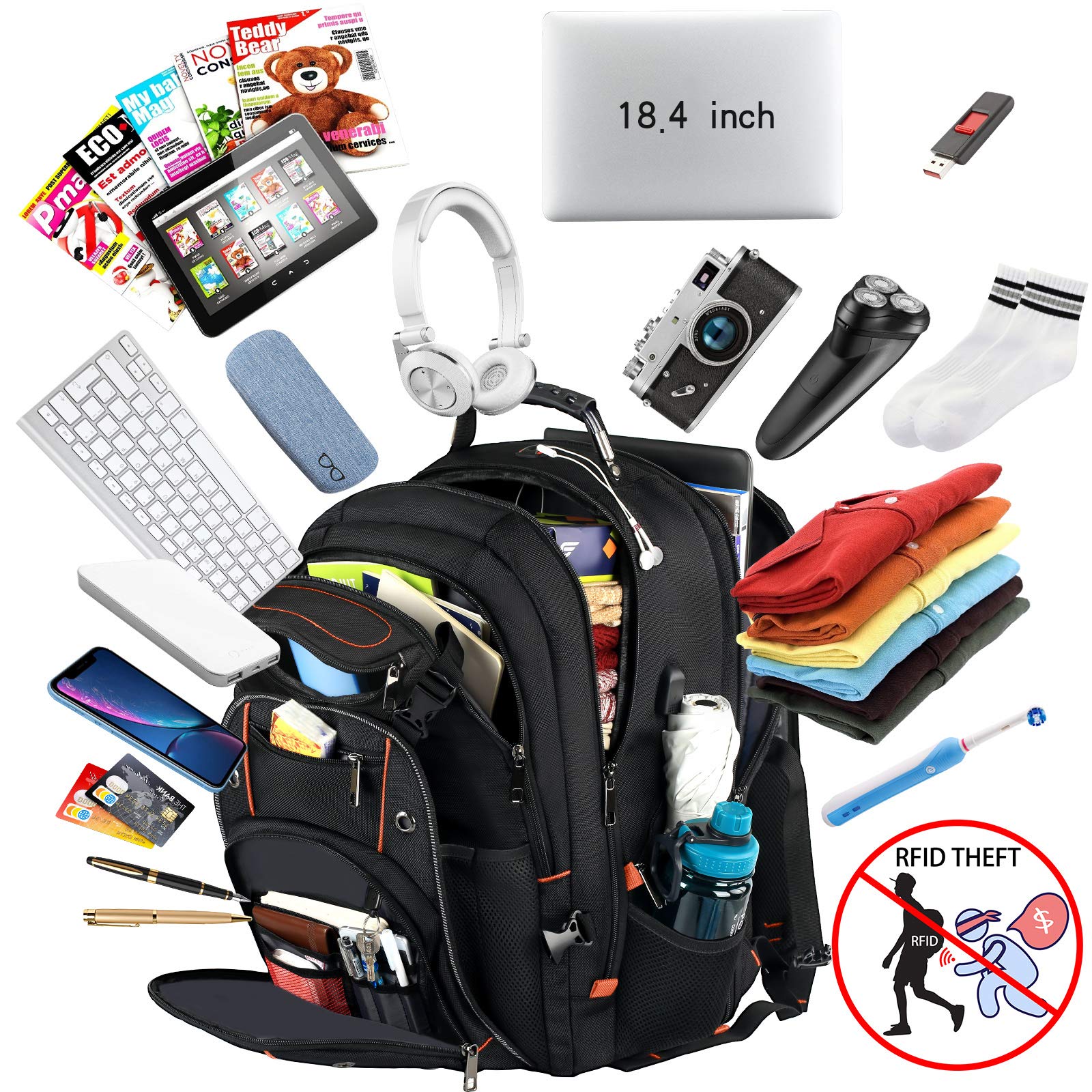 VECKUSON 18.4 Inch Large Laptop Backpack for Men - 55L Extra Big Gaming Backpack with USB Charging Port, TSA Approved Flight Friendly & RFID Anti-Theft Pockets - Perfect for Travel, Work & College Students