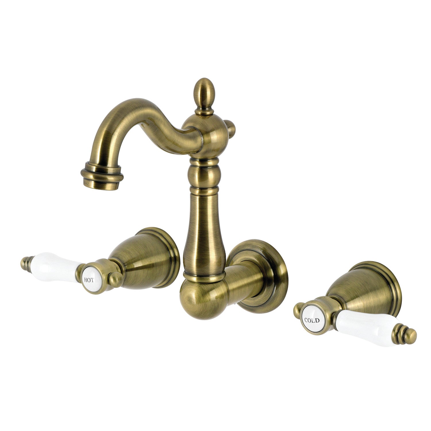 Bel Air KS1223BPL Double Handle 3 Hole Wall Mount Bathroom Faucet in Antique Brass - Vintage Style Bathroom Sink Faucet for Powder Room, Guest Bath & Farmhouse Decor
