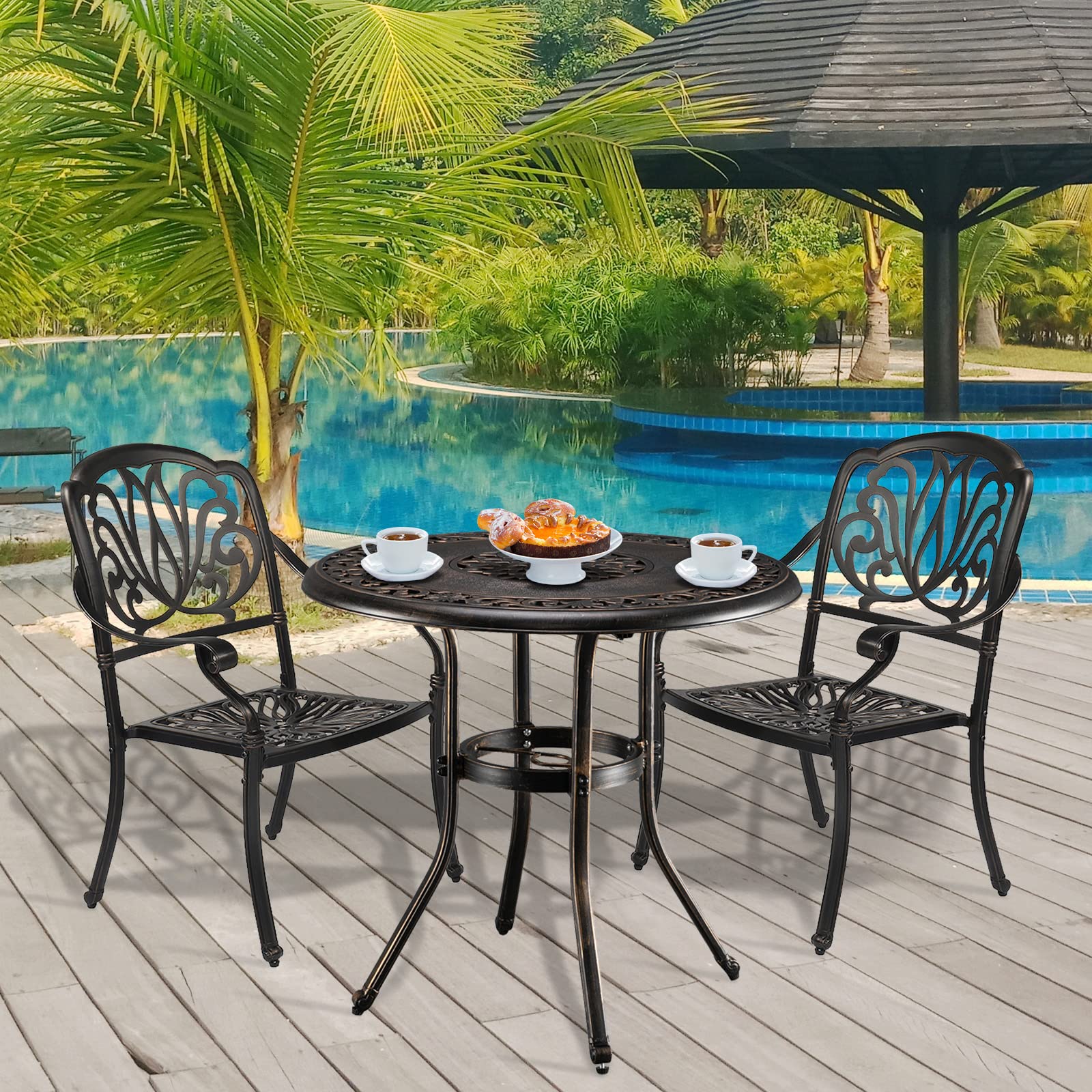 VINGLI 32 Inch Round Outdoor Dining Table with Umbrella Hole - Durable Cast Aluminum Patio Bistro Table for Garden, Backyard, Poolside - Weather-Resistant Bronze Finish (32