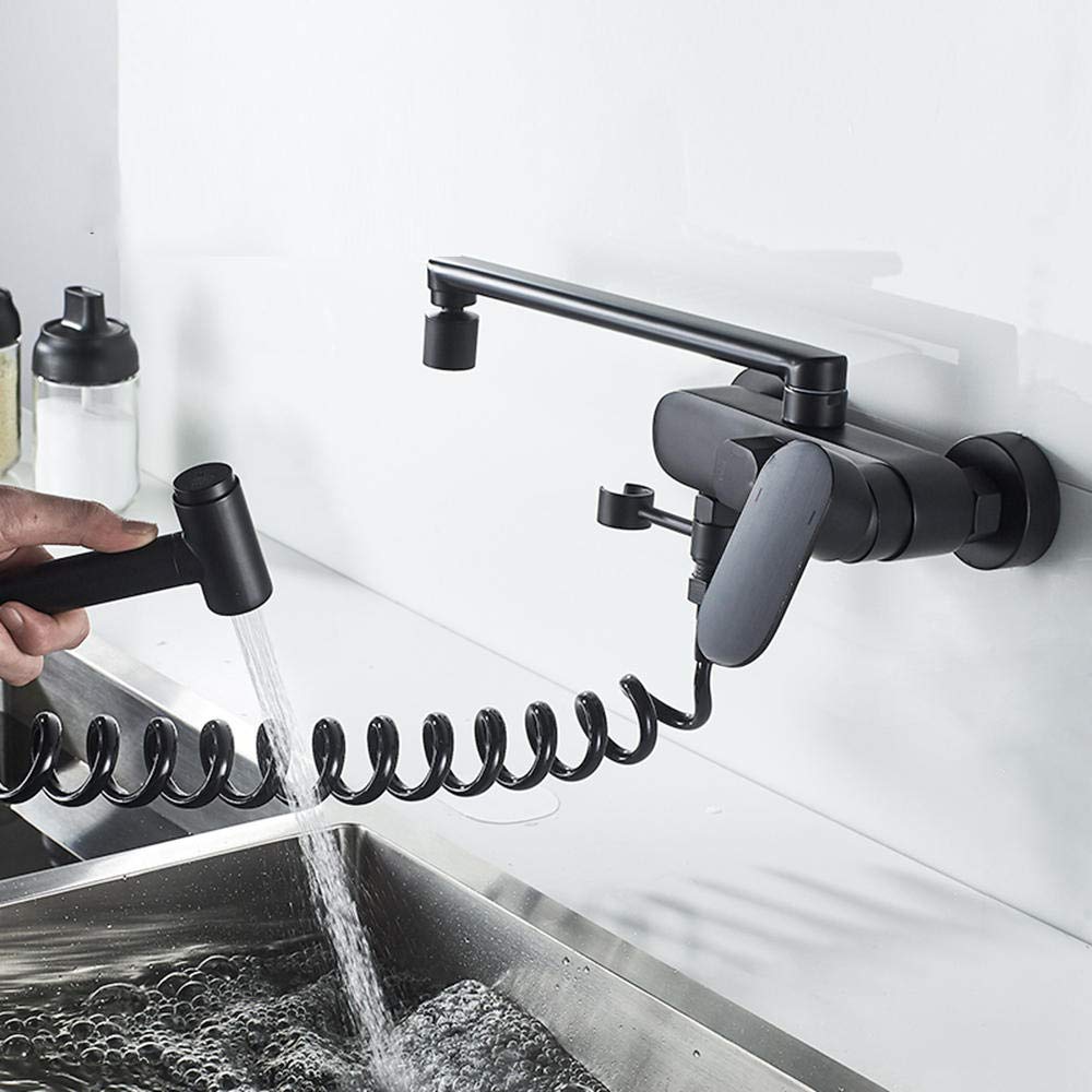 Black Wall Mounted Kitchen Faucet with Spray Gun - Double Hole Hot & Cold Water Rotating Tap - 20cm Height for Kitchen & Bathroom Sink - Perfect for Modern Homes & Small Spaces