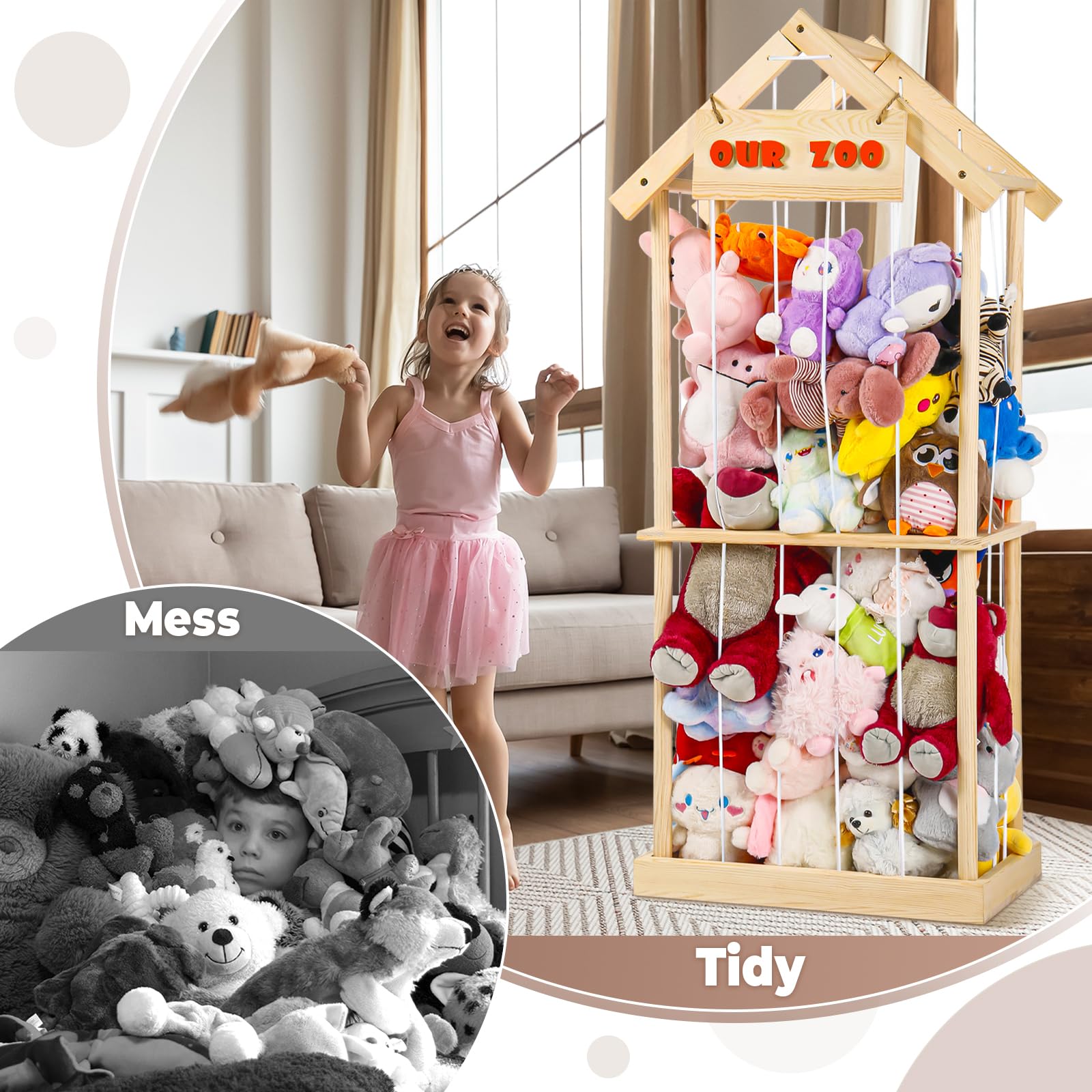 Soft Toy Storage Organizer - Wooden Stuffed Animal Zoo Cage for Nursery & Playroom | Plush Toy Holder for Kids' Room Organization | Perfect for Stuffed Animal Display & Playroom Storage
