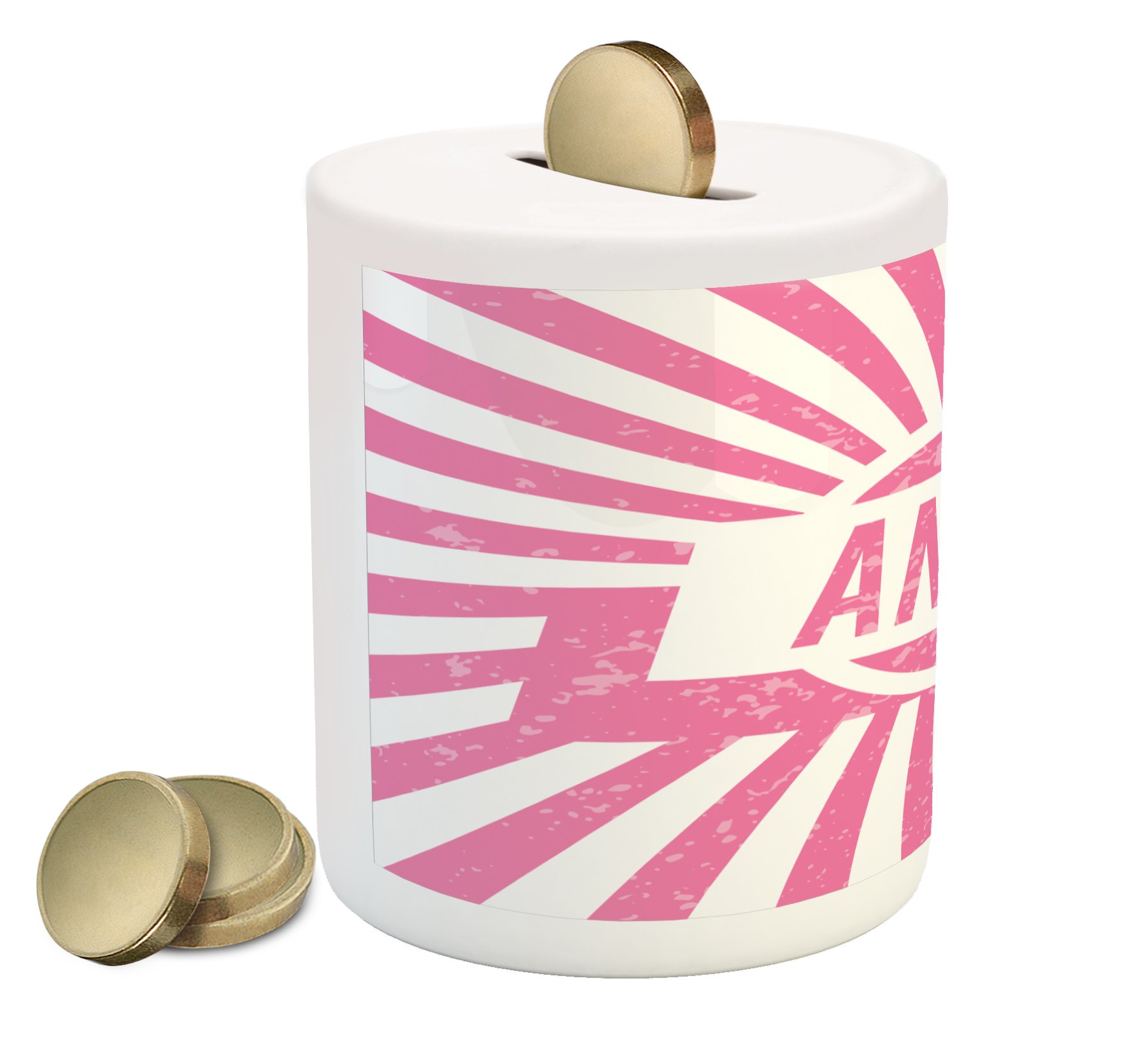 Ambesonne Anna Ceramic Piggy Bank - Retro Striped Grunge Design Money Box for Girls, Pale Pink & White | Perfect for Saving Cash, Coins & Gifts in Kids' Rooms, Birthday Presents & Nursery Decor