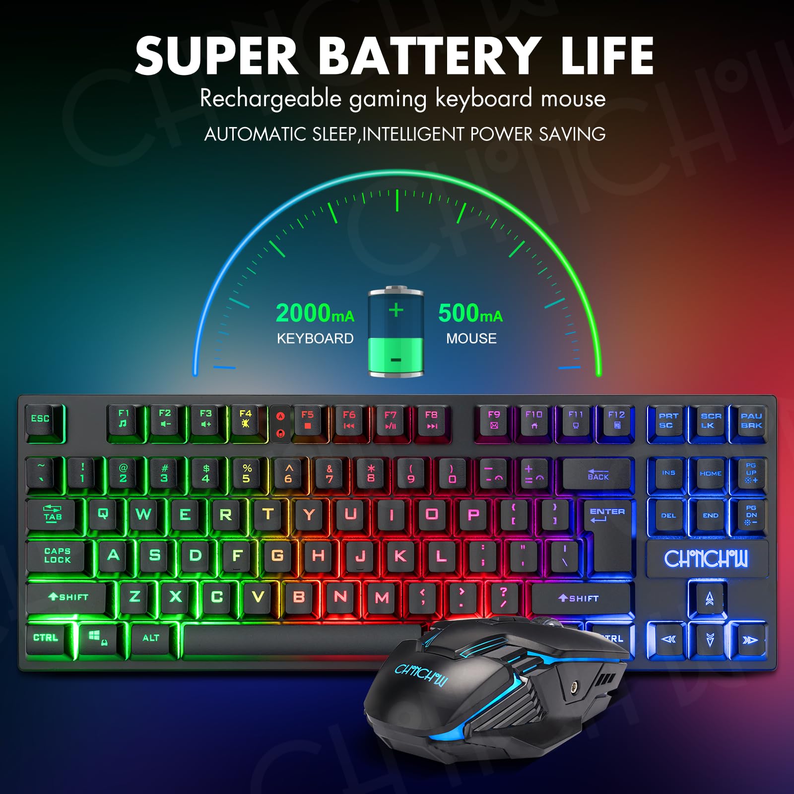 CHONCHOW Wireless Gaming Keyboard and Mouse Combo - Rechargeable 87-Key RGB Backlit Mechanical Keyboard, Ergonomic Wireless Gaming Mouse for PC, PS4, Xbox, Laptop - Perfect for Gaming, Office Work & Home Entertainment