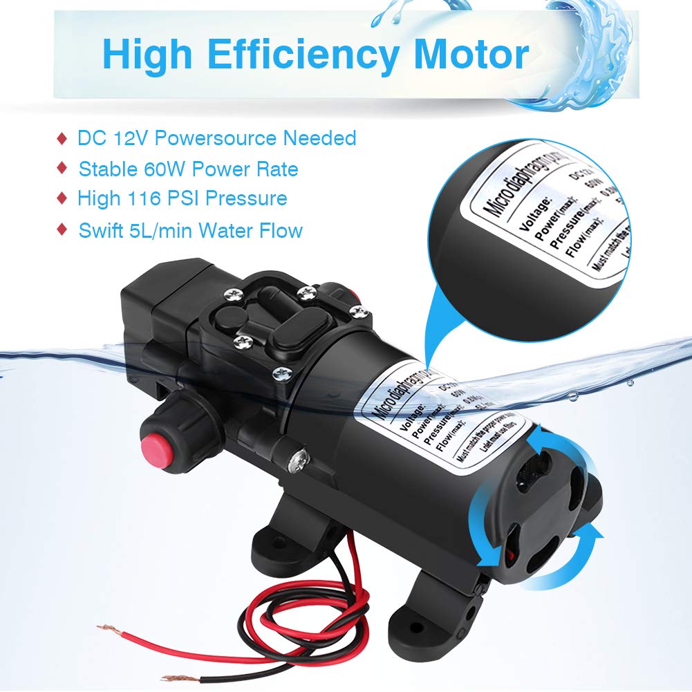 12V DC High Pressure Self-Priming Diaphragm Water Pump 116PSI with Pressure Switch & Smart Valve - Ideal for Garden Fountain, Caravan, Boat, RV, and Sprayer Systems