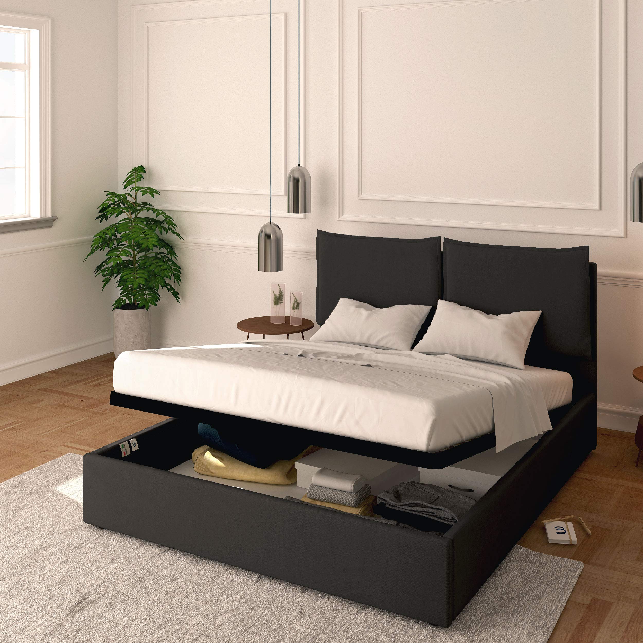 Baldiflex Licia Fabric Queen Size Bed with Slatted Base & Upholstered Headboard - 160x190cm Mattress Platform Bed Frame for Master Bedroom, Guest Room & Small Spaces
