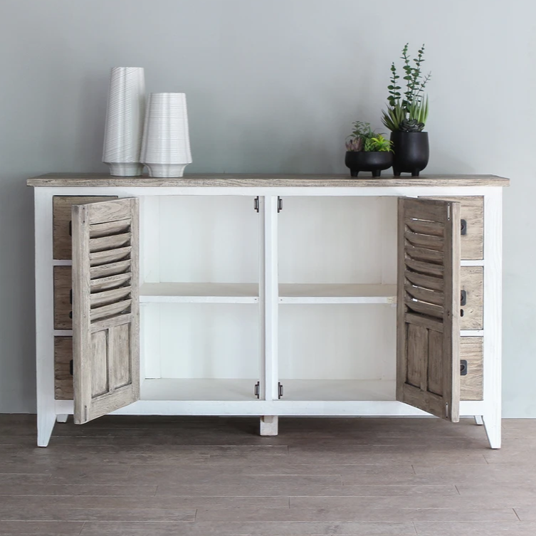 Handmade Indian Solid Mango Wood Sideboard - 2 Doors & 6 Drawers - Ethreal Whites Furniture for Dining Room & Living Room Storage