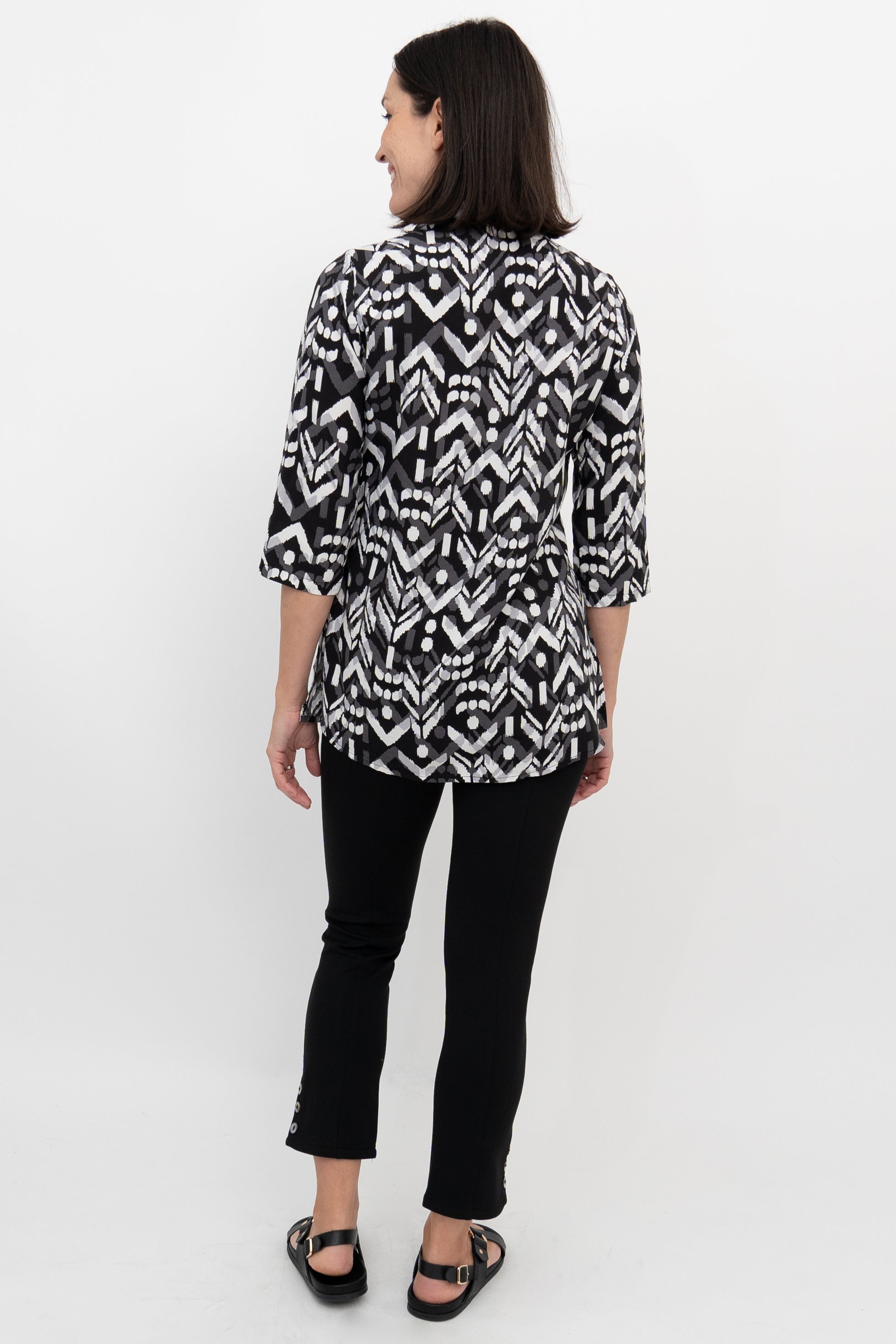 Cindy 3/4 Sleeve Blouse - Black & White Mosaic Print Women's Top for Casual Wear & Office Outfits
