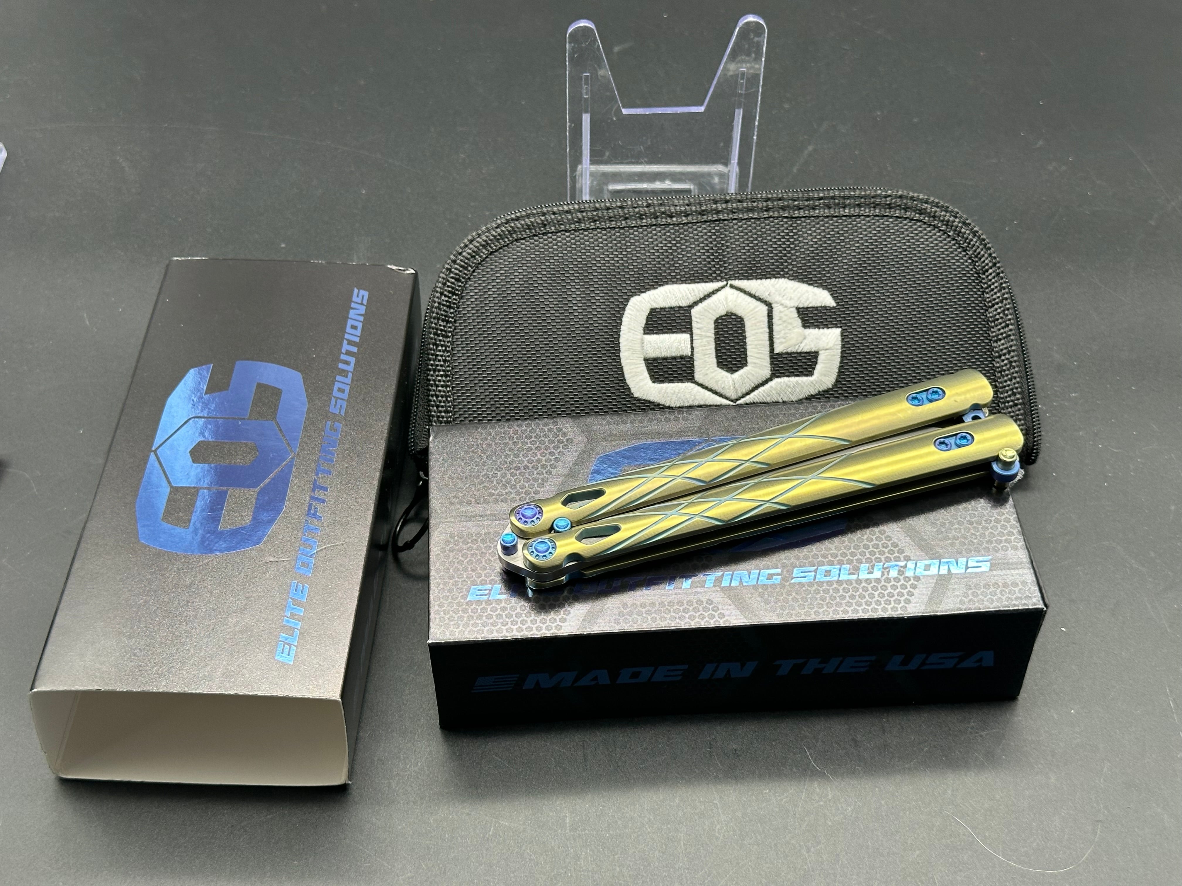 Premium EOS Villian Balisong Butterfly Knife - Gold Titanium Handles, Blue Latch Hardware, Recurve Tanto Blade in Sasha Satin CPM S30V Steel | Perfect for Collectors, EDC Carry & Tactical Enthusiasts