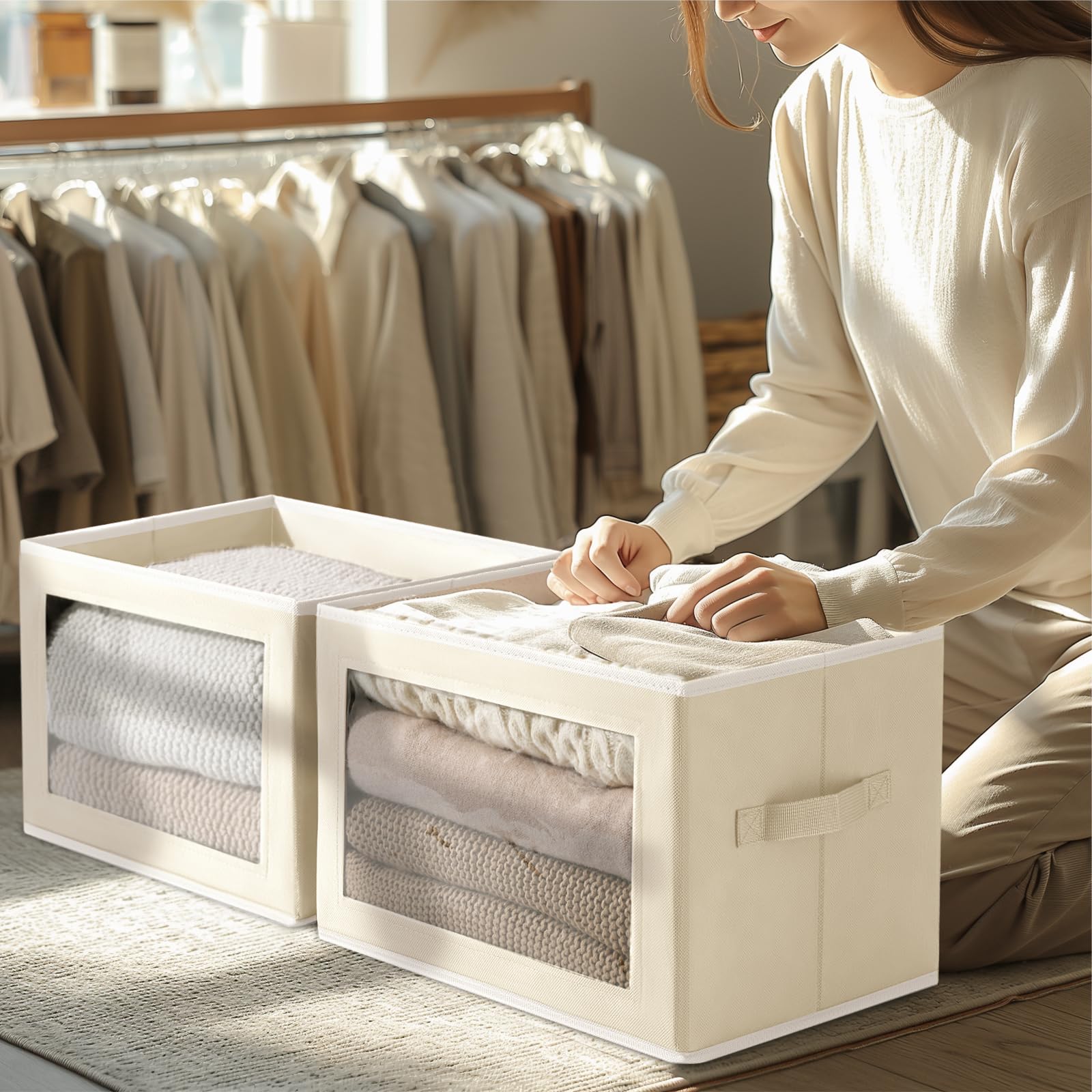 Clear Window Fabric Storage Boxes with Lids - 4 Pack Large Decorative Storage Bins with Handles, Linen Closet Organizer for Clothes, Towels & Blankets - Perfect for Bedroom, Closet & Home Organization (Beige)