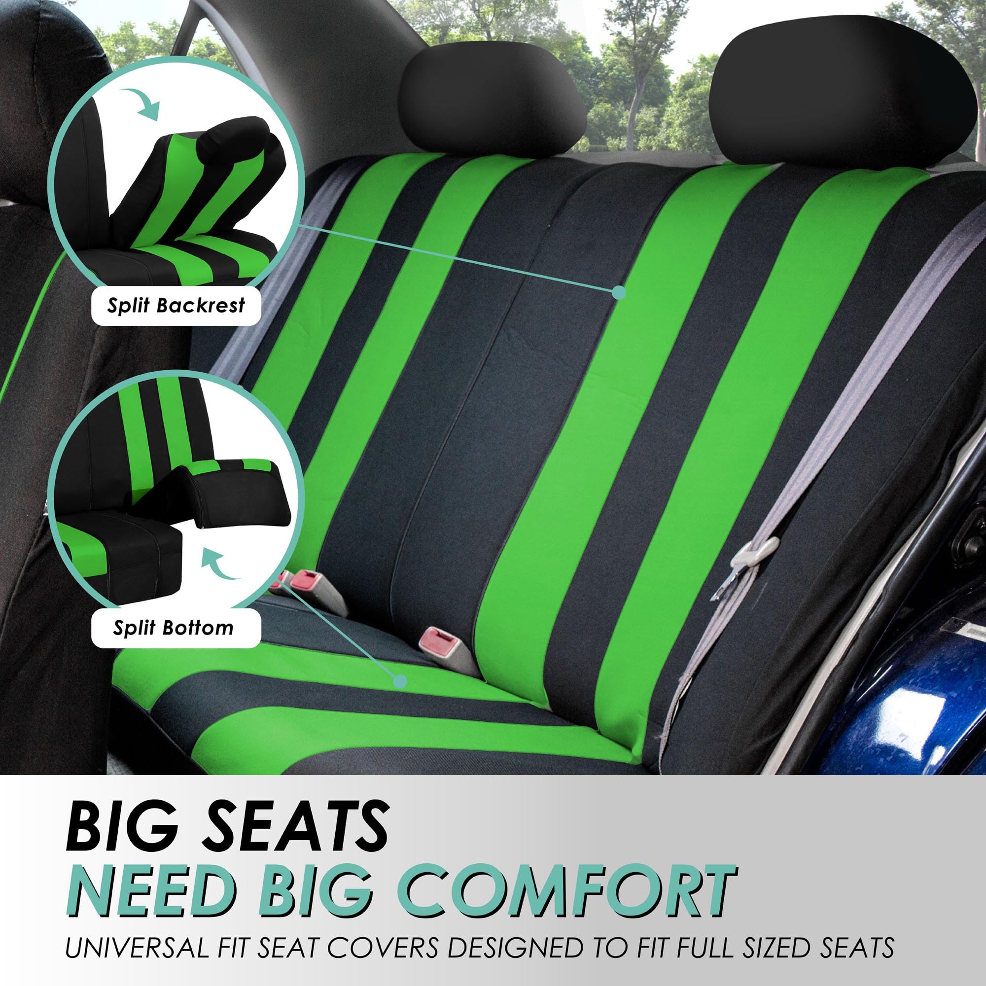 FH Group Universal Fit Car Seat Covers - Low Back & Front Design, Airbag Compatible, Split Bench Rear Seat Protectors for SUV, Sedan, Van - Washable Cloth Fabric (Green) | Perfect for Daily Commute, Road Trips & Family Travel Protection